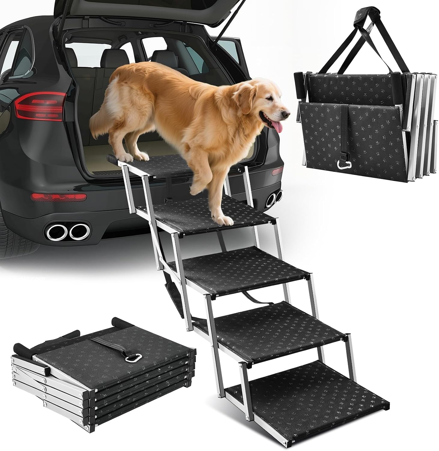 Sakerplus Dog Stairs for Car, 17.7inch Wide Foldable Dog Ramps with Non Slip Surface, Portable Pet Steps for SUV, High Beds, Truck, Support Up to 200lb, 5 Steps