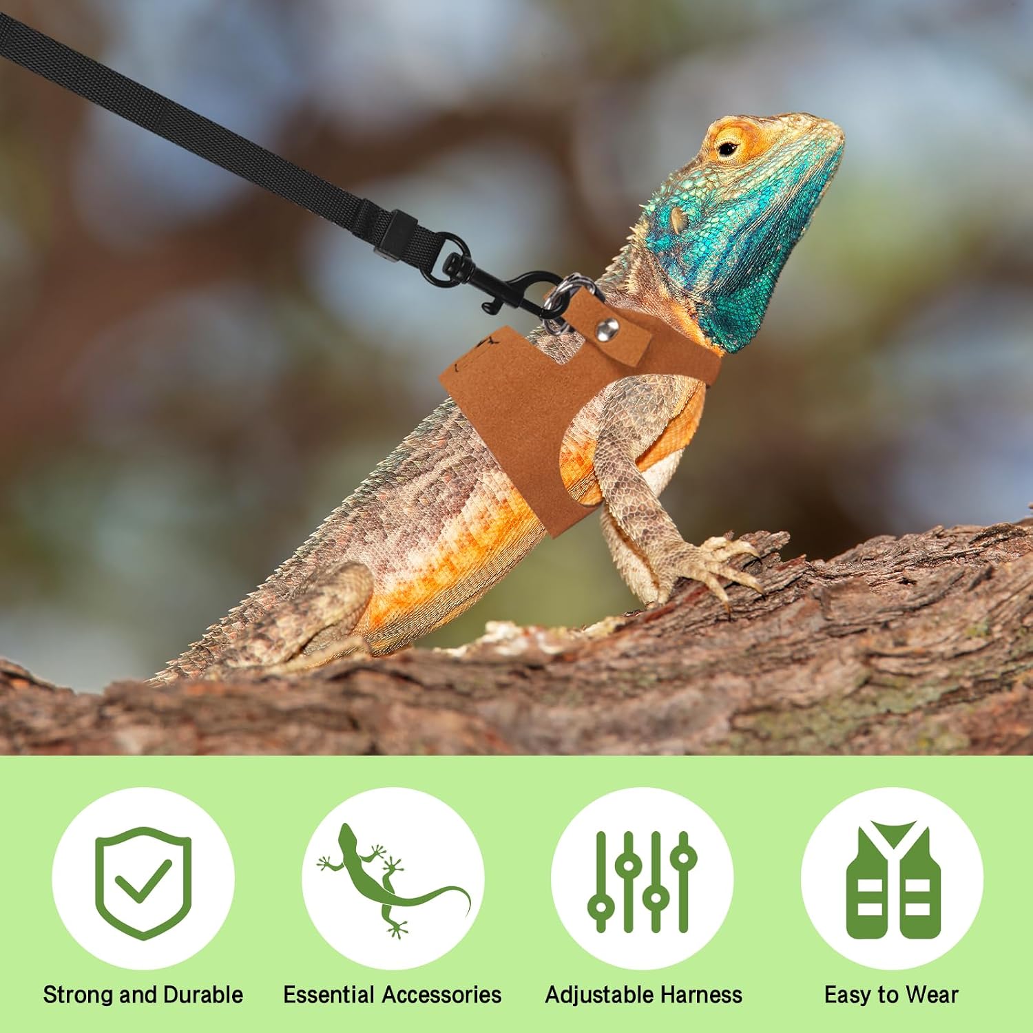 Bearded Dragon Harness Leash Set 3 Size Adjustable Lizards Training Walking Leather Vest Escape-Proof Traction Rope for Outdoor Small Reptiles Animal Squirrels (Brown) - Image 4
