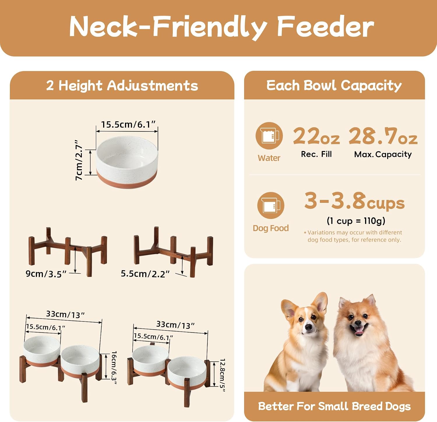 Havniva 6.1" Elevated Dog Bowls Ceramic Raised Dog Bowl with Non-Slip Stand (Acacia Wood) Two Height Options, Dog Food & Water Bowl for Small & Medium Breed Dogs - 3.4 Cups 27 oz - Image 2