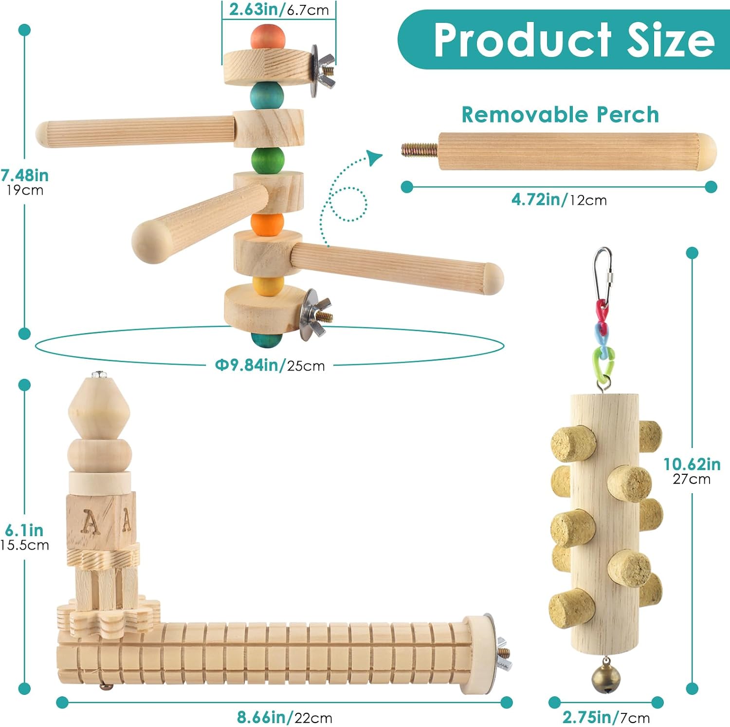 DBNESS 3pcs Natural Wood Bird Perch Toys, Rotating Perch Stand, L-Shaped Perches with Chew Block, Hanging Cork Stopper Toy, Birdcage Accessories for Small Medium Parrots Cockatiels Quaker Caique - Image 2