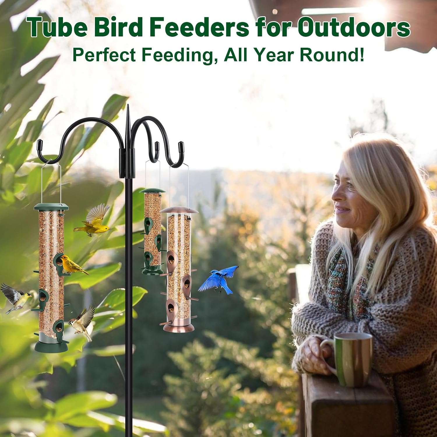 FEED GARDEN 2 Pack Tube Bird Feeders for Outdoors Hanging - Premium Hard Plastic Wild Bird Feeder with 6 Ports, Easy Refill & Clean, 15 Inch, Green - Image 5