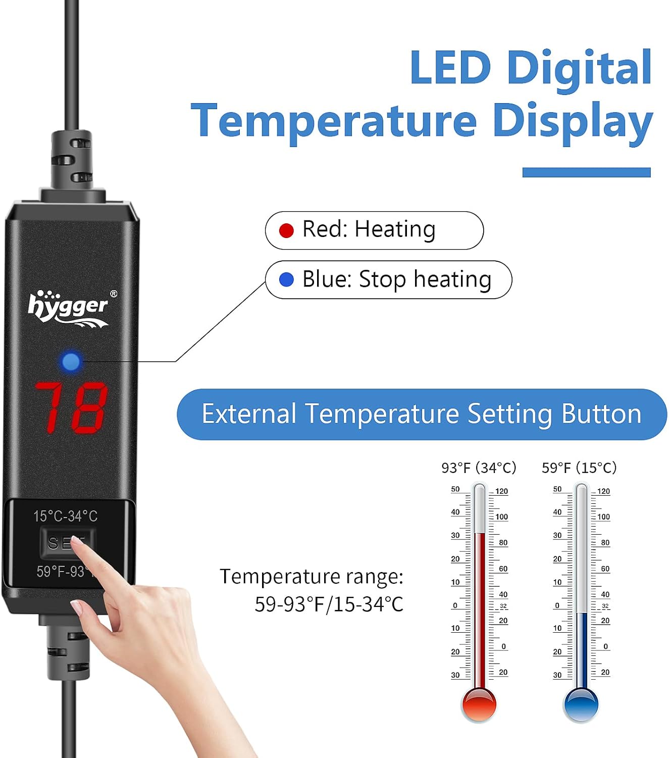 hygger Small Aquarium Betta Heater, Submersible Fish Tank Heater 10W/25W/50W/100W with LED Digital Display, Suitable for Marine Saltwater and Freshwater up to 5/10/16/26 Gallon - Image 2