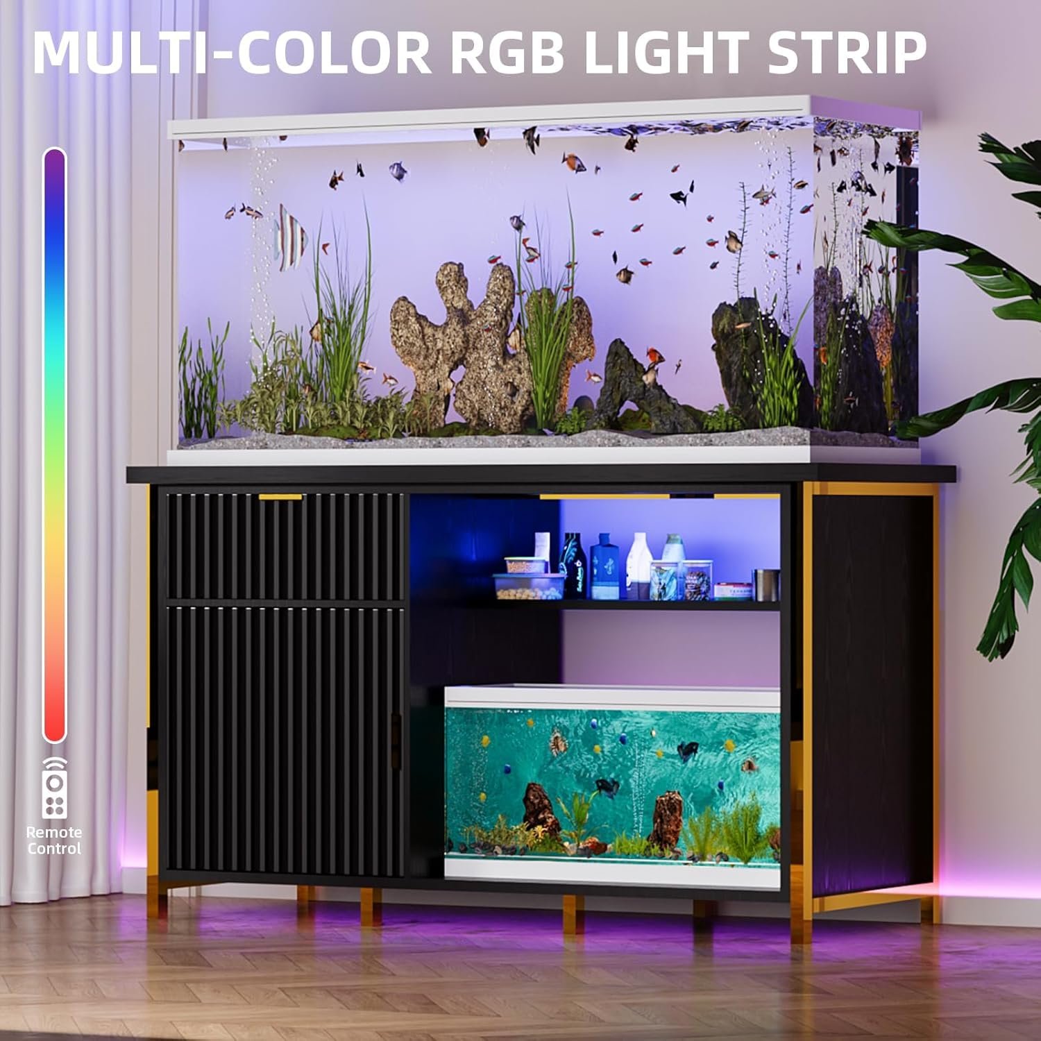 4ever2buy 55-75 Gallon Fish Tank Stand, Aquarium Stand, Black & Gold | 49 x 20 x 31.5 in, LED light, power outlets, vertical-line cabinet, 1100 lb capacity, turtle tank and terrarium stand - Image 6