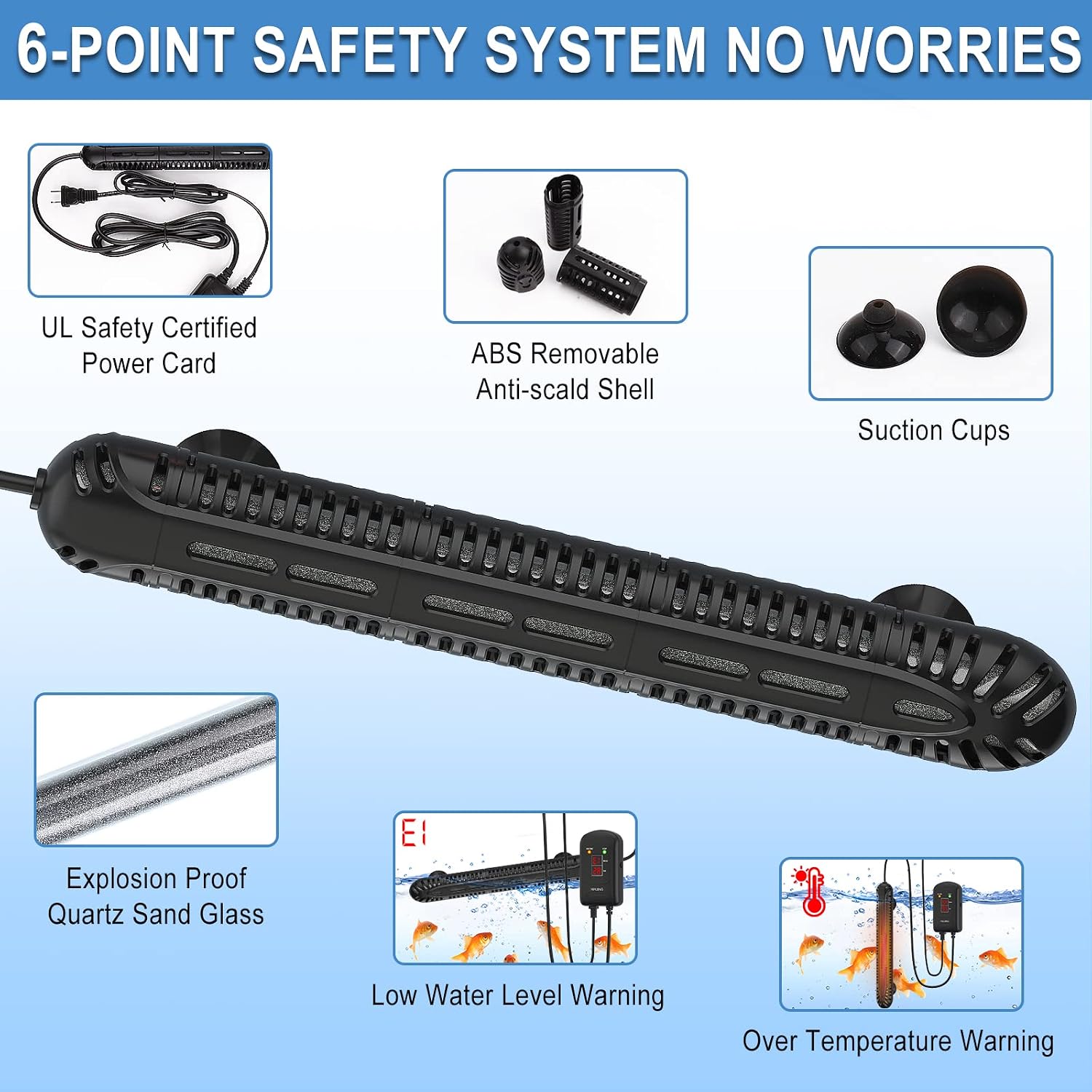 HiTauing Aquarium Heater, 300W Fish Tank Heater with LED Digital Display & 5 Safety Protection, Submersible Aquarium Heater with 2 Suction Cup and 8.2Ft Cord for 40-75 Gallon Fish Tank. - Image 3