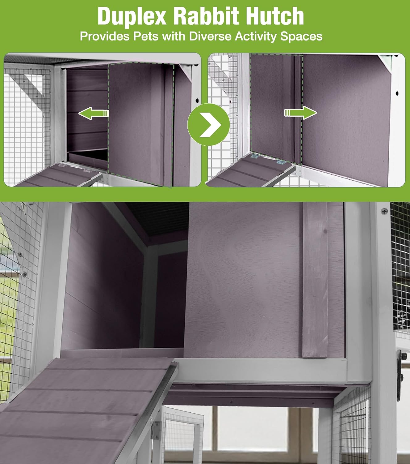 GUTINNEEN Wooden Duplex Rabbit Cage on Wheels with Chew-Proof Ramp, Grey | 4 mobile swivel casters, 2-story design, waterproof rain cover, 5 access doors, 2 sliding trays - Image 5