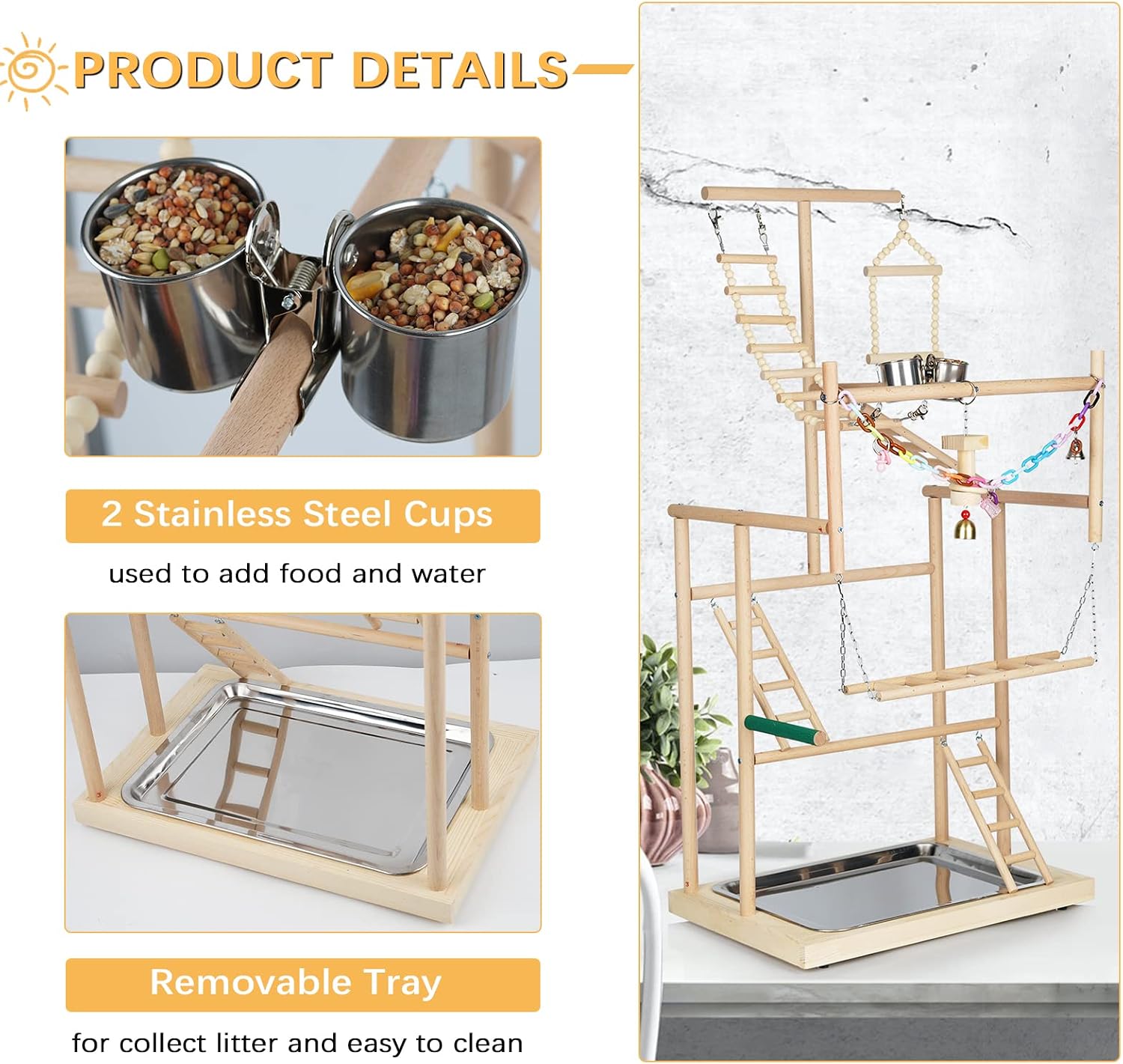 4 Layers Wood Pet Parrot Playstand | Bird Playground, Perch Gym Playpen, Ladder with Feeder Cups Bells, For Cockatiel Parakeet - Image 4