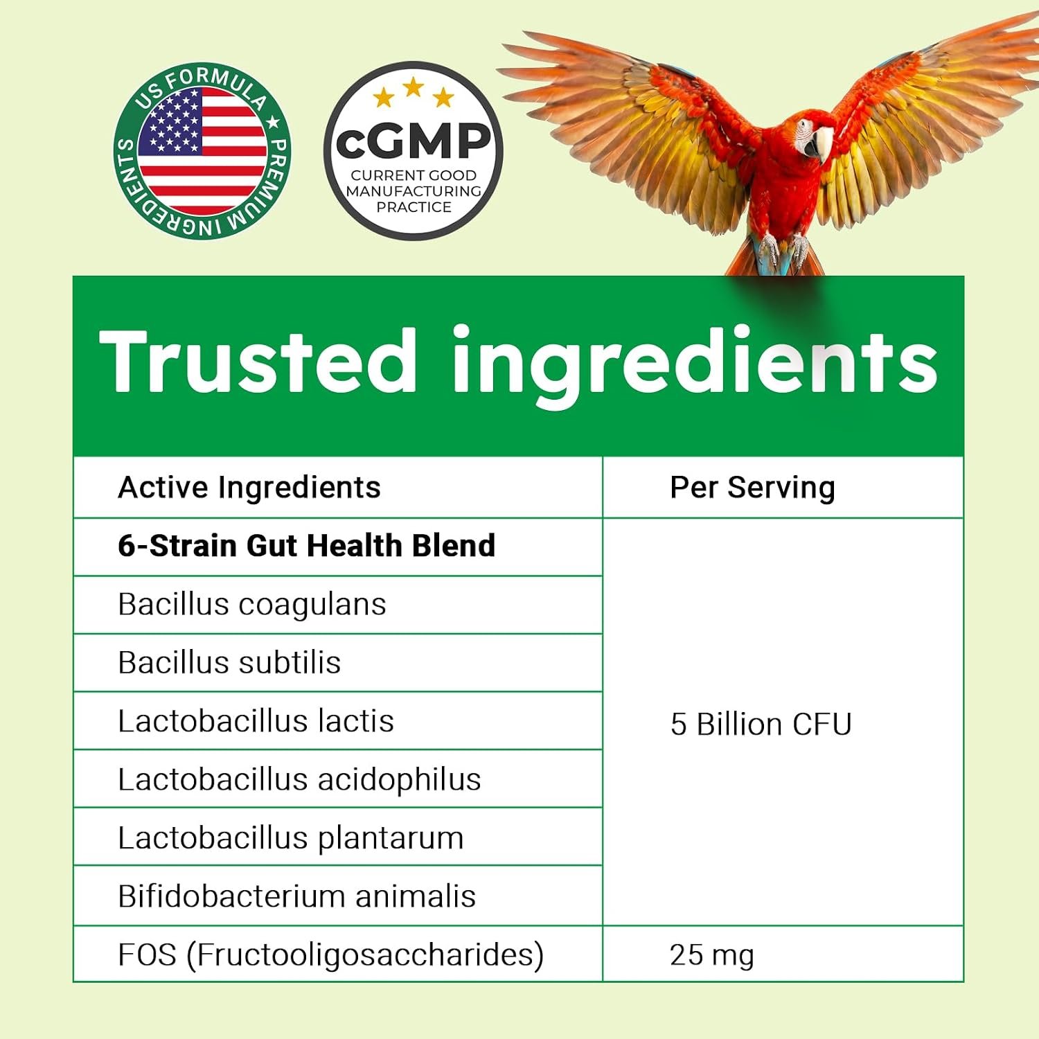 Avian Probiotics for Birds & Parrots – Digestive & Gut Health Support Powder with Prebiotics (FOS), 6-Strain Formula for Parrots & Pet Birds (120 Servings) - Image 5