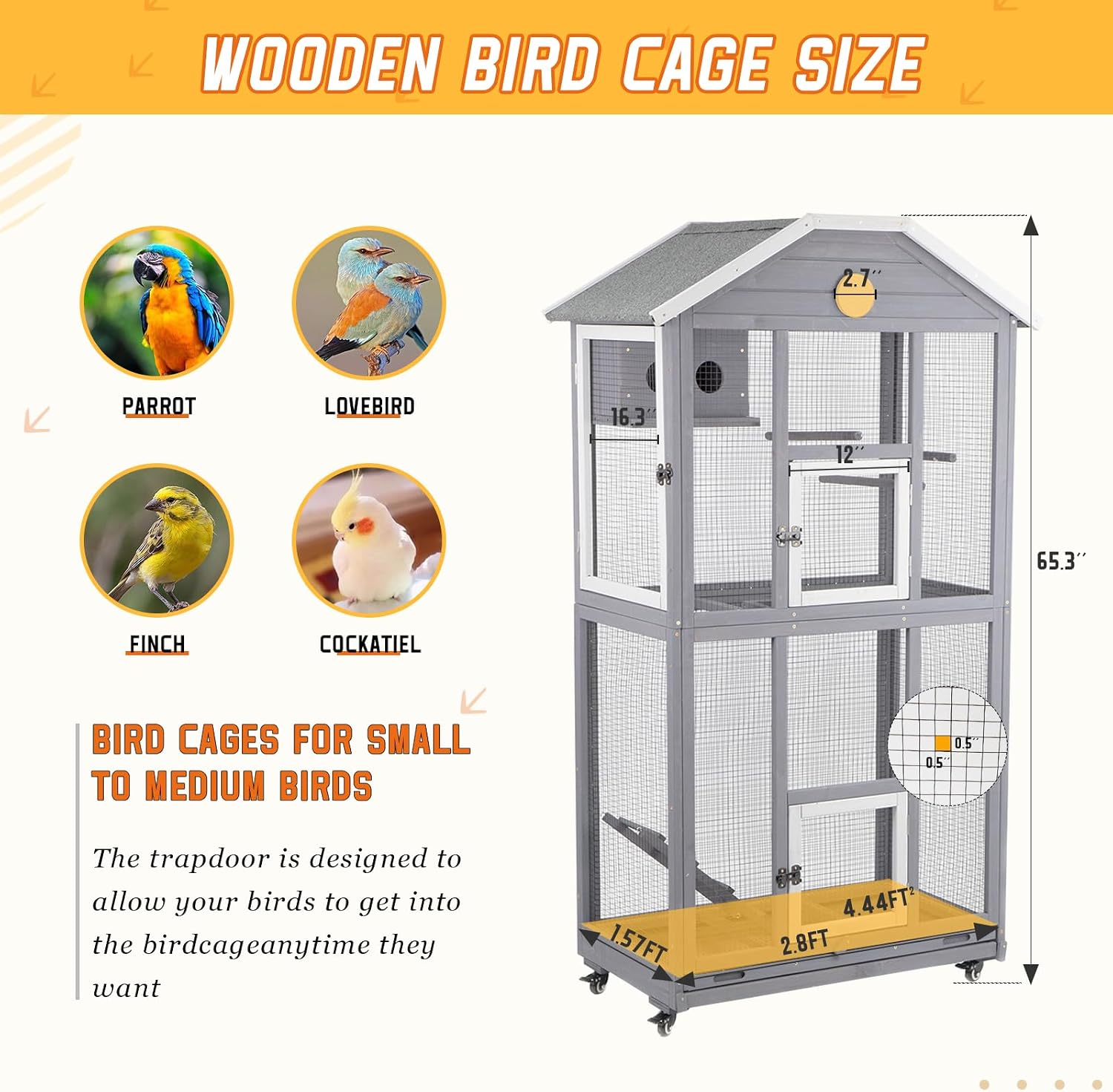 Ketive 65in Outdoor Bird Aviary with Wheels,Wooden Bird Cage Indoor Finches Cage Flight cage Wire Mesh,Easy Clean Tray Perches Nest Feeder - Image 6