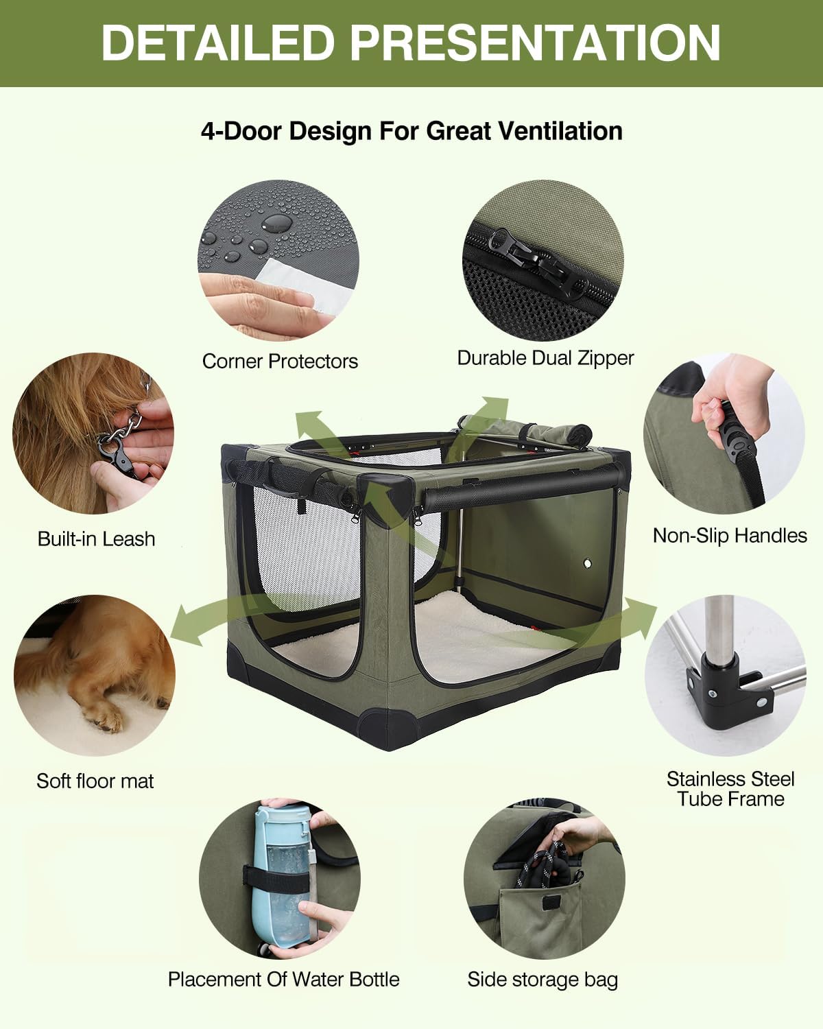 30 x 21 x 21 Inch Collapsible Soft Dog Crate for Dogs Up to 50 lbs, Portable Travel Pet Kennel with 4 Zip Doors, Foldable Indoor Outdoor Crate with Mat, Carry Bag, Green - Image 4