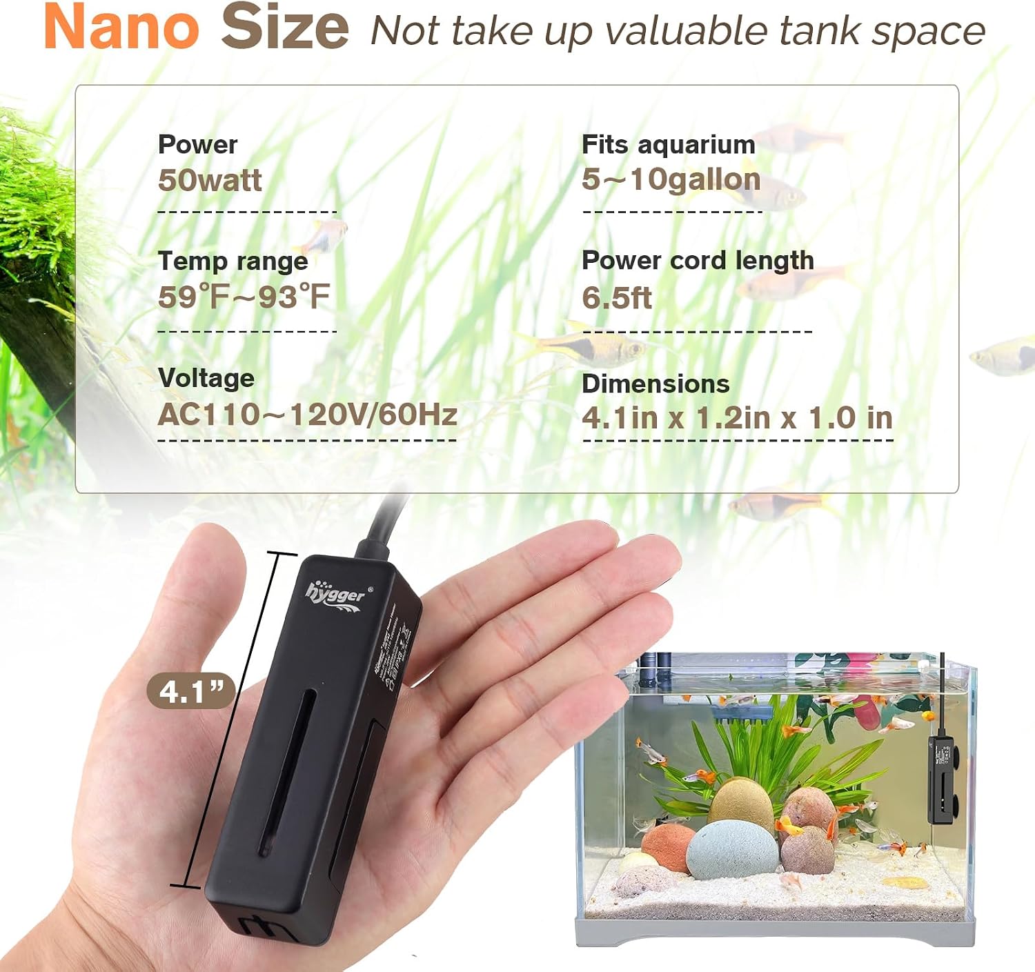hygger Mini Fish Tank Submersible Heater 50W for 5-10 Gallons Small Betta Aquarium Heater with Digital Display Controller Adjustable Temperature - Image 6