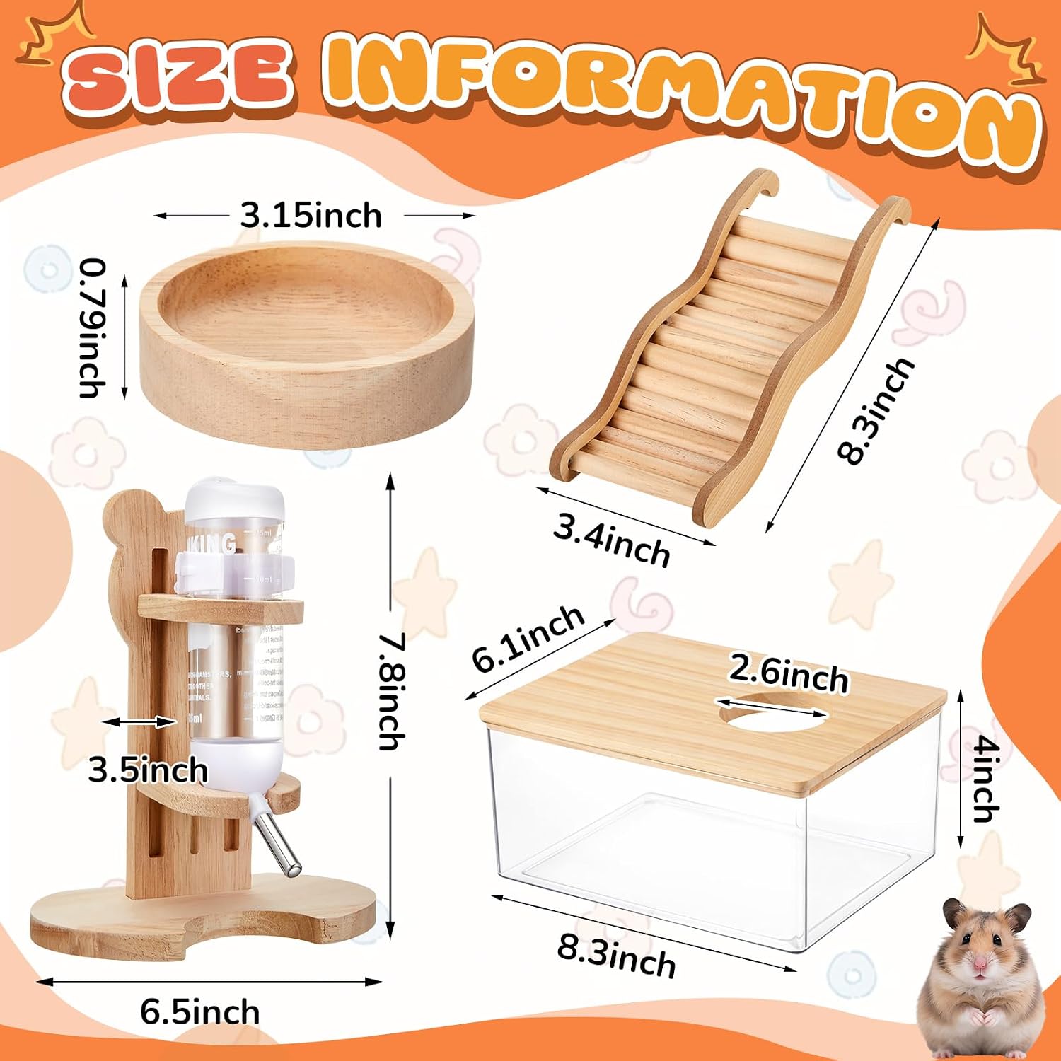 4 Pcs Hamster Cage Accessories Acrylic Sand Bath Box Feeding Bowl Water Bottle Set Hamster Climbing Toy Wooden Ladder Bridge Set for Rat Mice Small Animals Habitat(Rectangle) - Image 3