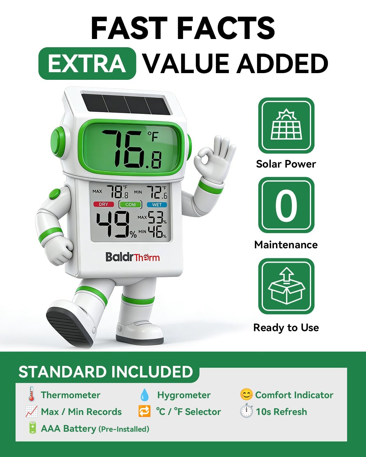 BALDR Indoor Thermometer Hygrometer, Solar Power with Battery Backup, Large Display, Daily Max/Min & Comfort Indicator Humidity Meter (White) - Image 2