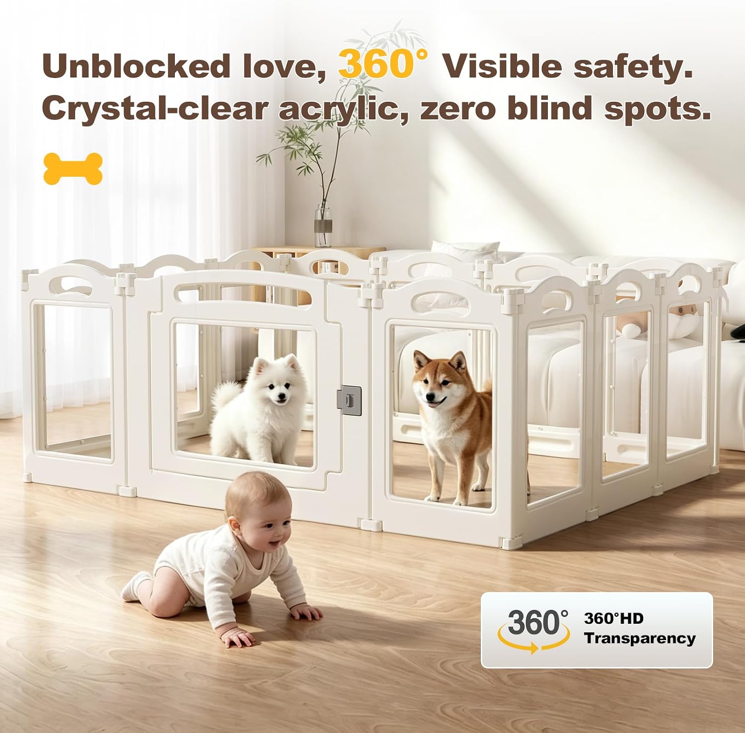 Foldable Clear Acrylic Dog Playpen with Door, 23.6" Acrylic Puppy Playpen, Easy Assemble Indoor Pet Fence with White Frame, Clear Dog Playpen for Puppies & Animal (White, 23.6‘H, 12 Panels + 1 Door) - Image 4