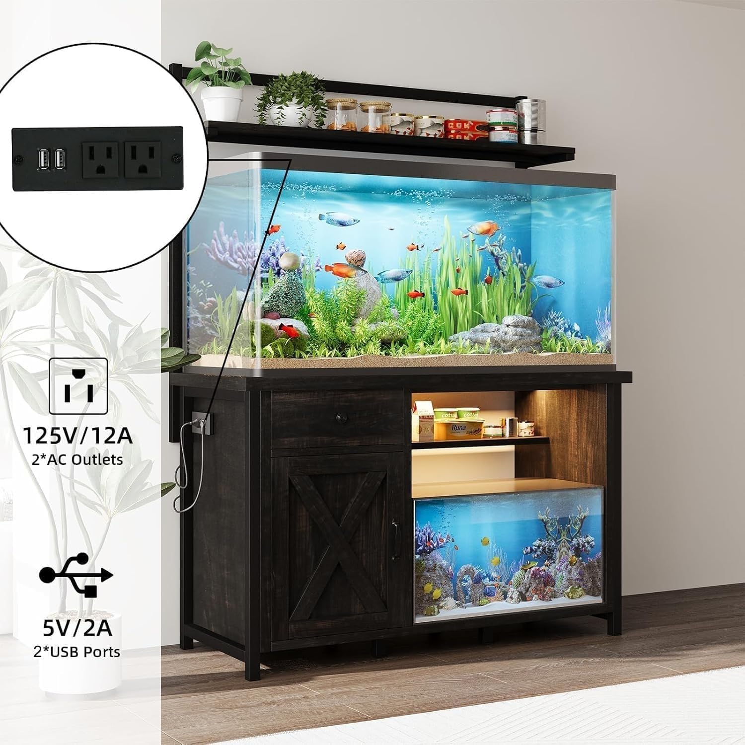 55-75 Gallon Fish Tank Stand with Power Outlet, Led Light, Heavy Duty Aquarium Stand with Cabinet for Fish Tank Accessories Storage, Shelf, for Turtle Tank, Reptile Terrarium, 1100 LBS (Oak) - Image 4