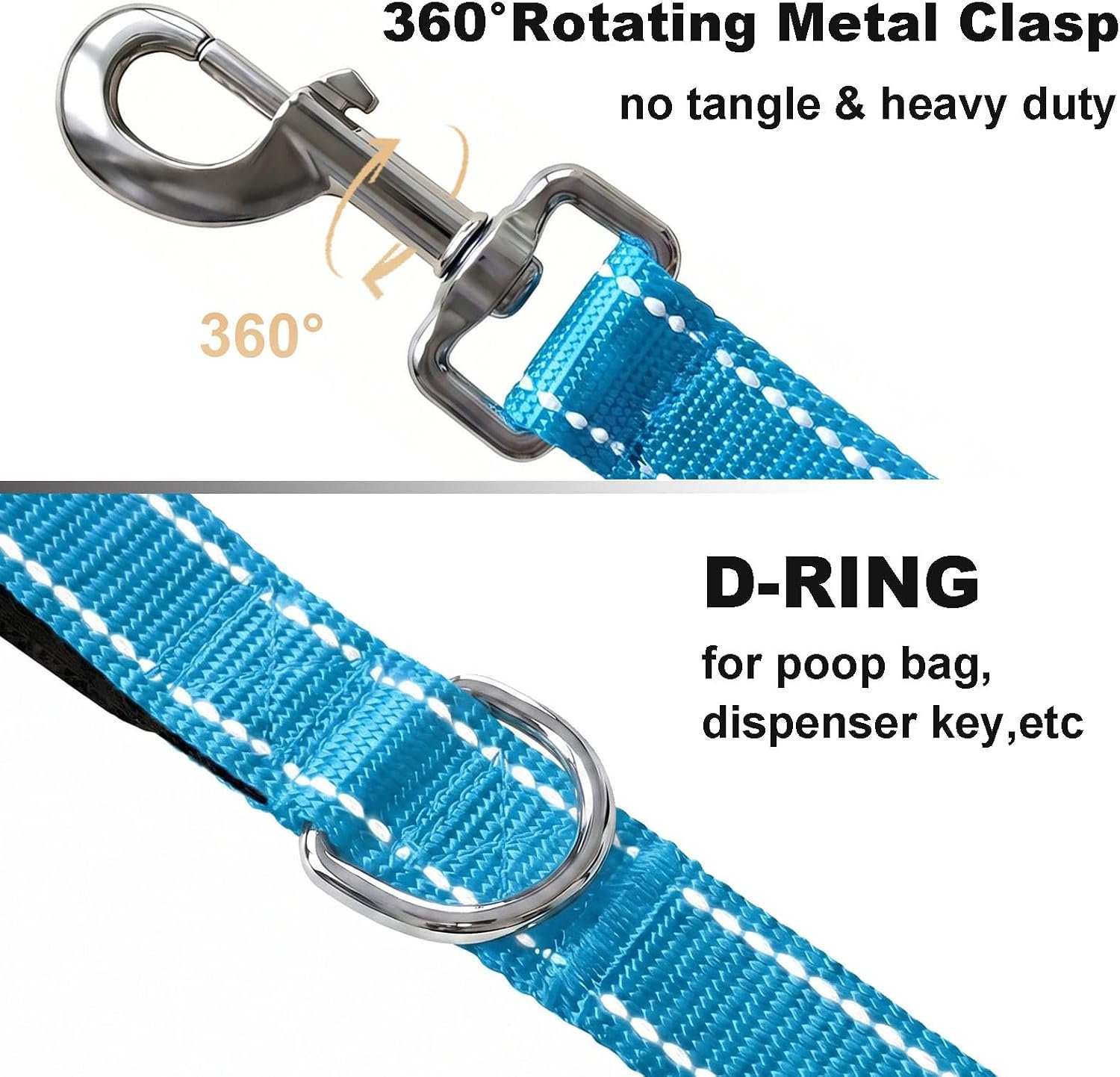 Triple Handle 10 ft Dog Leash with Padded Traffic Handles, Heavy Duty Reflective Walking Lead for Training Control, Strong Nylon Leashes for Medium Large Breed Dogs (Light Blue) - Image 2