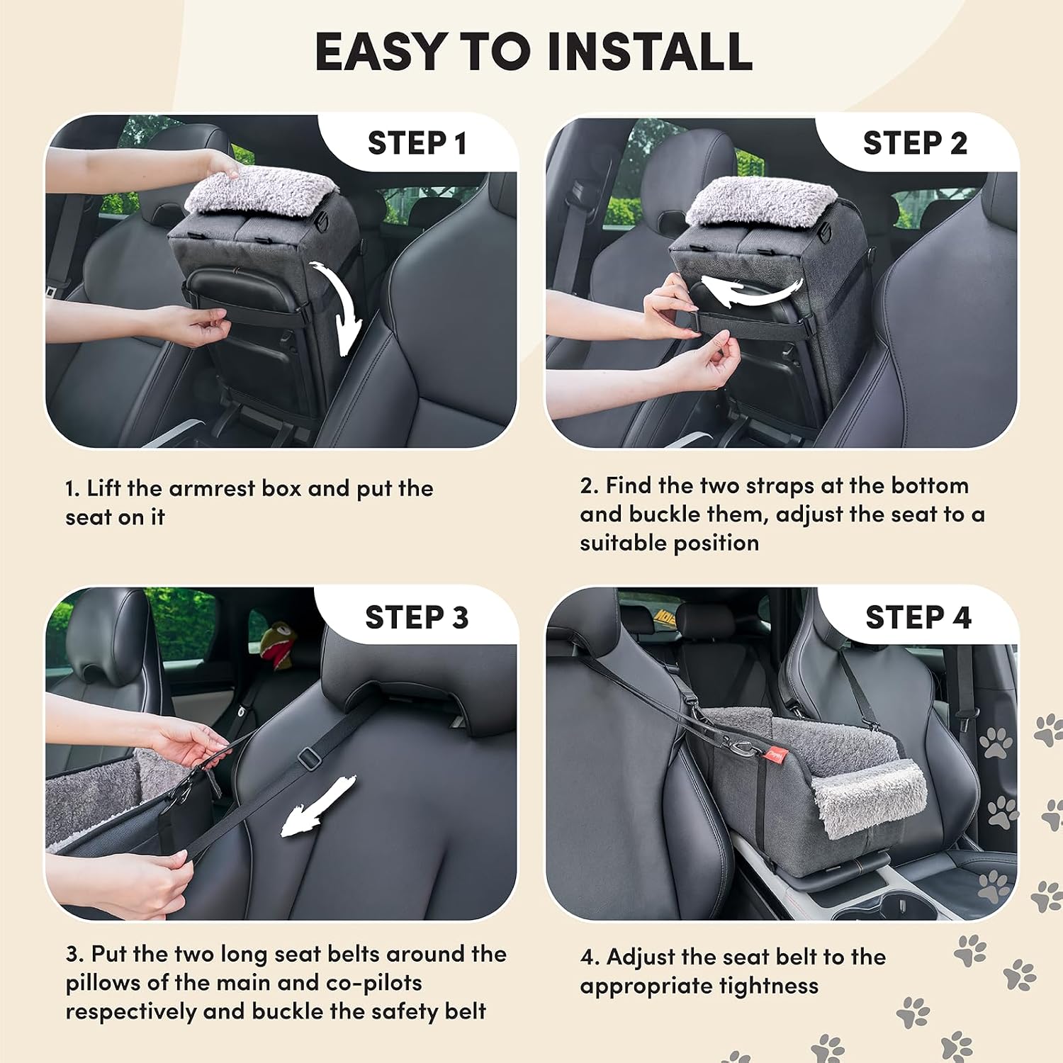 BurgeonNest Center Console Dog Car Seat for Small Pets to 11lbs, Grey | Anti-collapse armrest Console seat with washable fluffy cushion, pillow & tether for stable, cozy pet travel trips. - Image 6