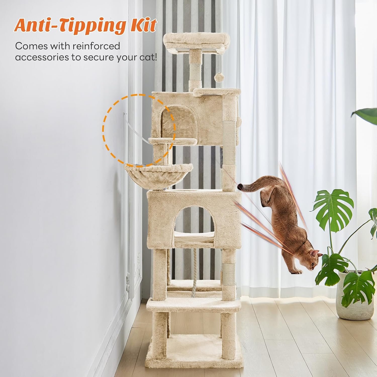 DUMOS Large 66 Inch Cat Tree Tower with Scratching Posts, Indoor Use | Tall Multi Level Cat Climbing Tower with Hammock, Pet Condo for Cats and Kittens Play, Beige - Image 6