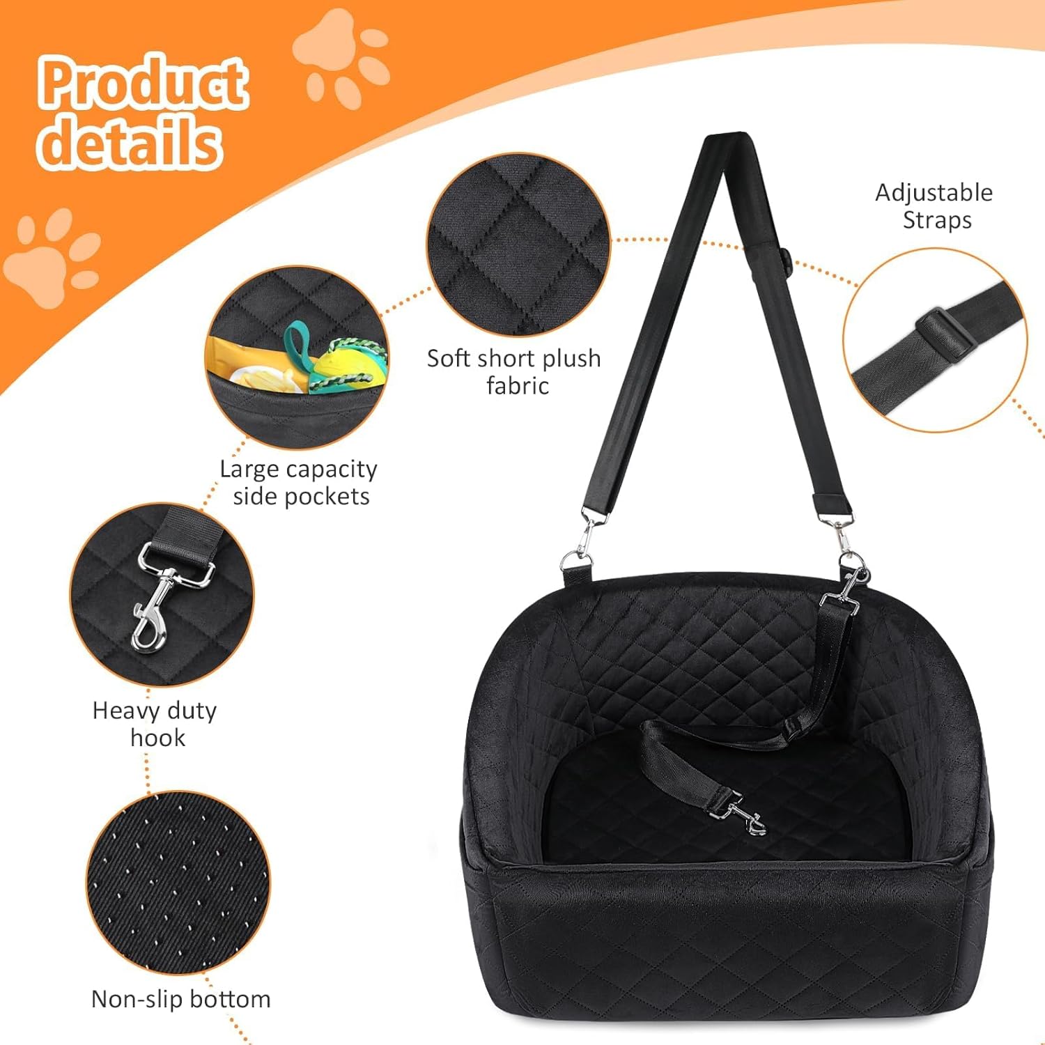 NEEZUKAR Dog Car Seat for Small Medium Dogs,Detachable Washable Dog Booster Seat Under 30lbs, Pet Car Seat Travel Bed with Storage Pockets and Dog Safety Belt (Black) - Image 4