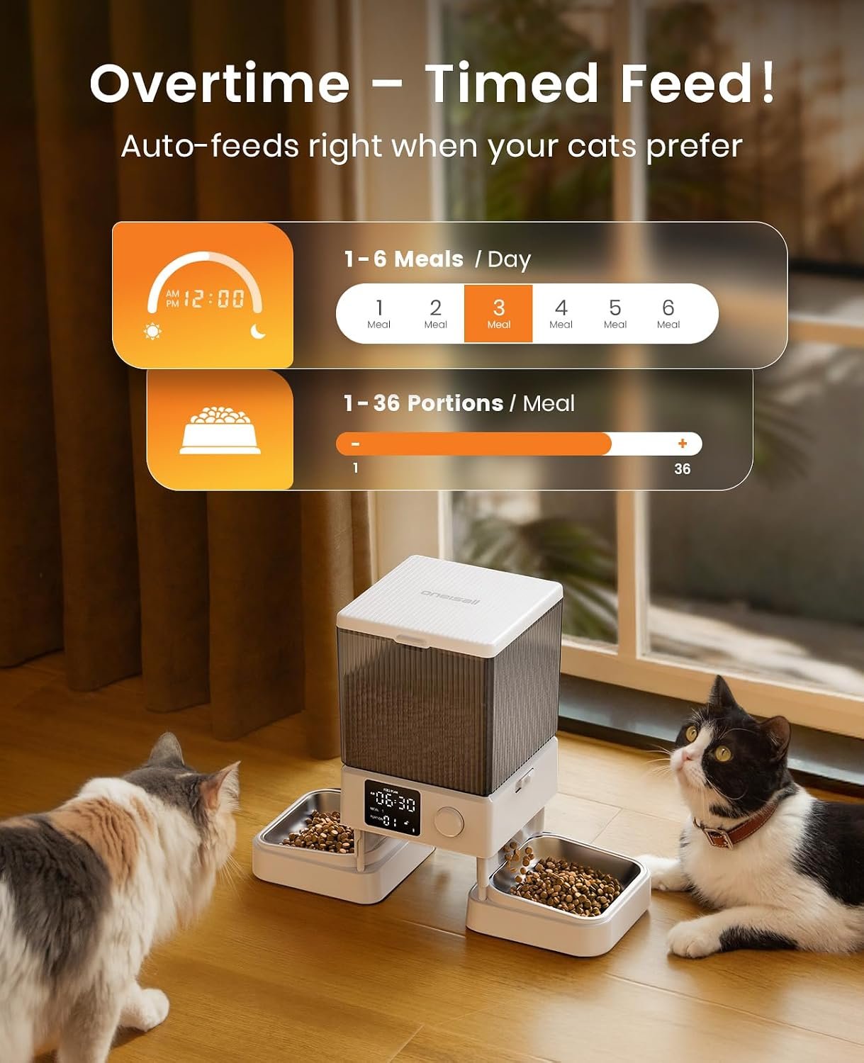 oneisall Automatic Cat Feeder for 2 Cats Pets, Timed Cat Food Dispenser | 20 Cups/5L, Prevent Fighting, Precise Portion, Balanced Dispense, Non-Slip & Stable, Voice Recorder, Stainless Steel Bowls - Image 7
