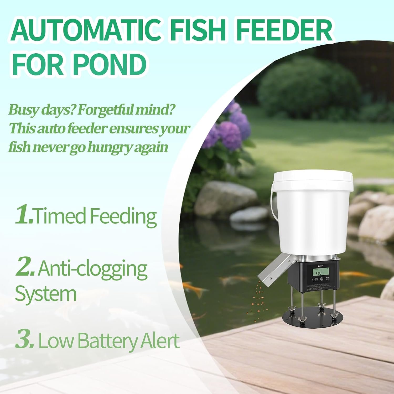 Automatic Fish Feeder for Pond, Briidea Outdoor Pond Feeder with 4L Capacity, Timed Feeding, Anti Clog System, Wildlife - Proof Design & Waterproof Housing - Image 2