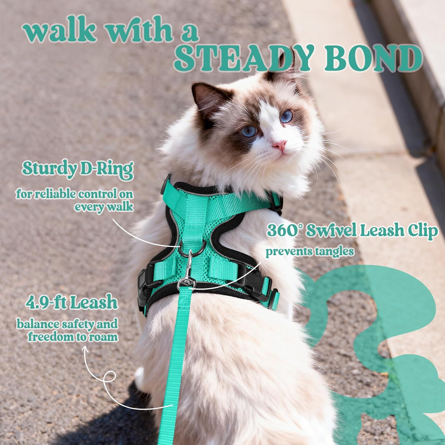 rabbitgoo Cat Harness and Leash Set, Escape Proof Vest, Emerald | Soft Breathable Mesh, Easy Adjustable Fit, Snap Buckles, Sturdy Clip, Reflective Strips, for Small & Average Cats Walks, Xs - Image 5