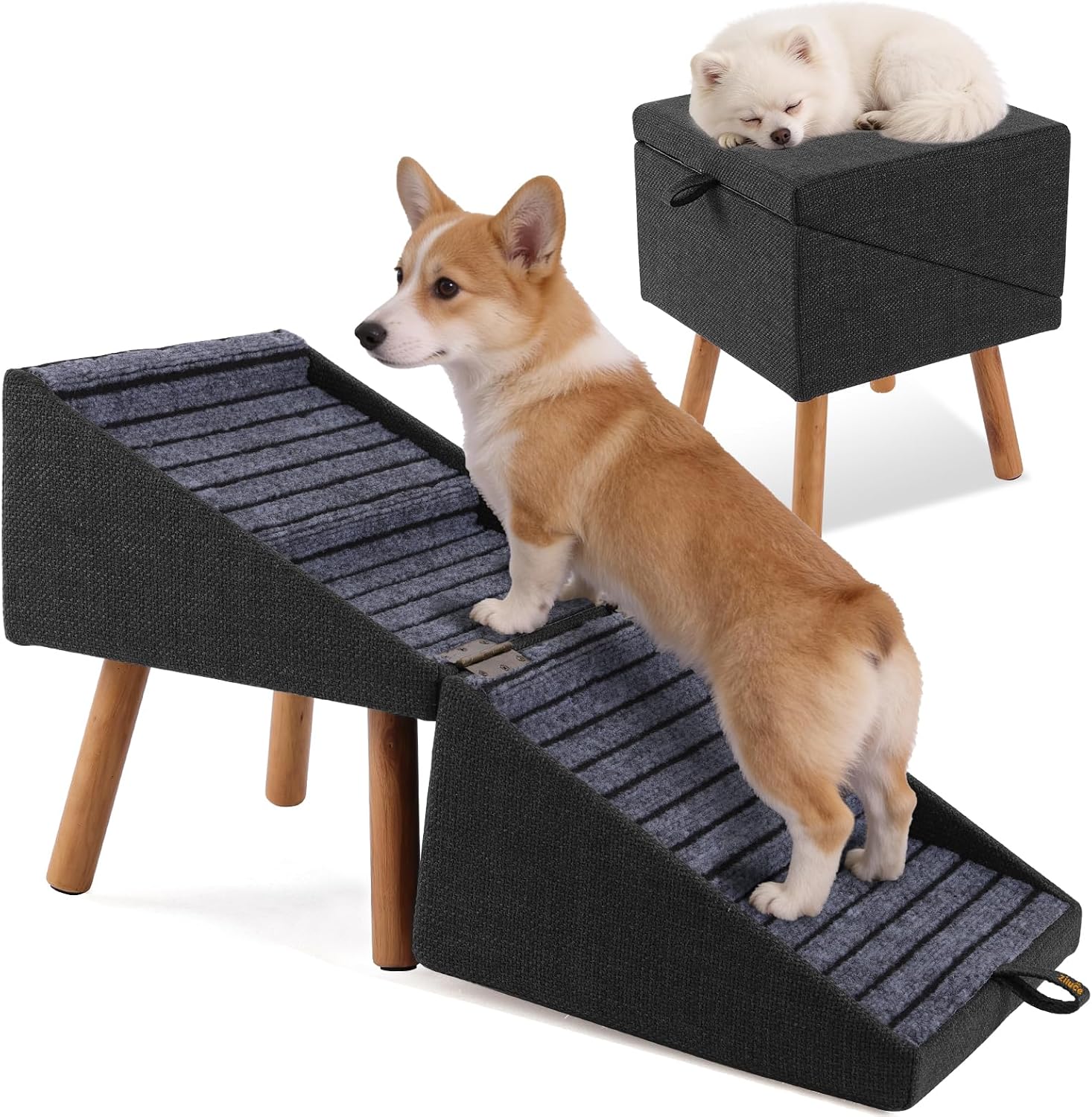 2-in-1 Foldable Dog Stairs & Ottoman, Non-Slip Pet Steps for Small Dogs | wooden dog ramp , foldable space-saving design, ideal for puppies senior & injured pets, helps dogs easily reach couch