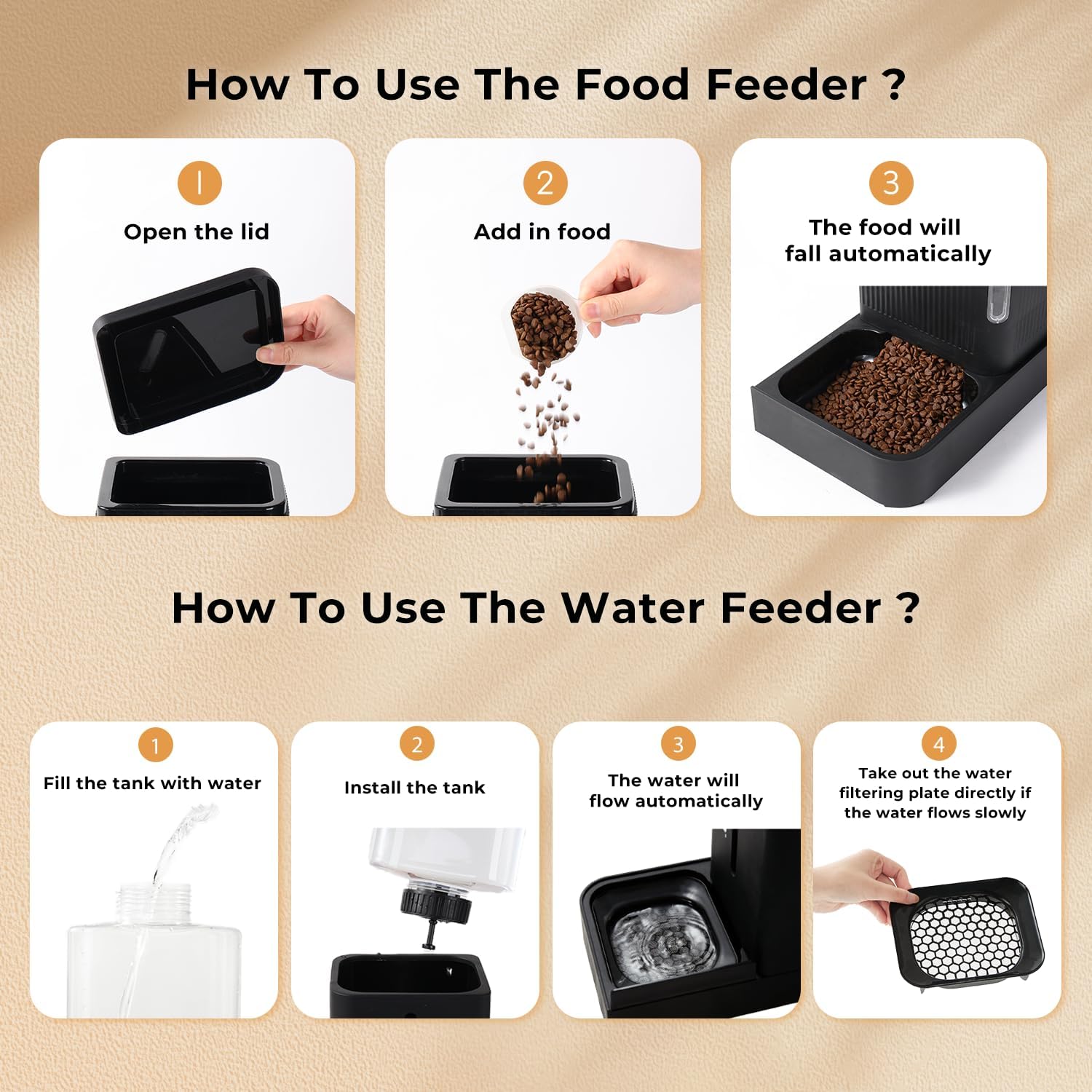 ZOMISIA Automatic Cat Feeder and Water Dispenser Set, 2 in 1 Gravity Cat Food Dispenser with 180 Degree Rotatable, Pet Self Feeding Large Capacity for Small Dogs Puppy Kitten, Black, 0.8 Gallon x 2 - Image 6