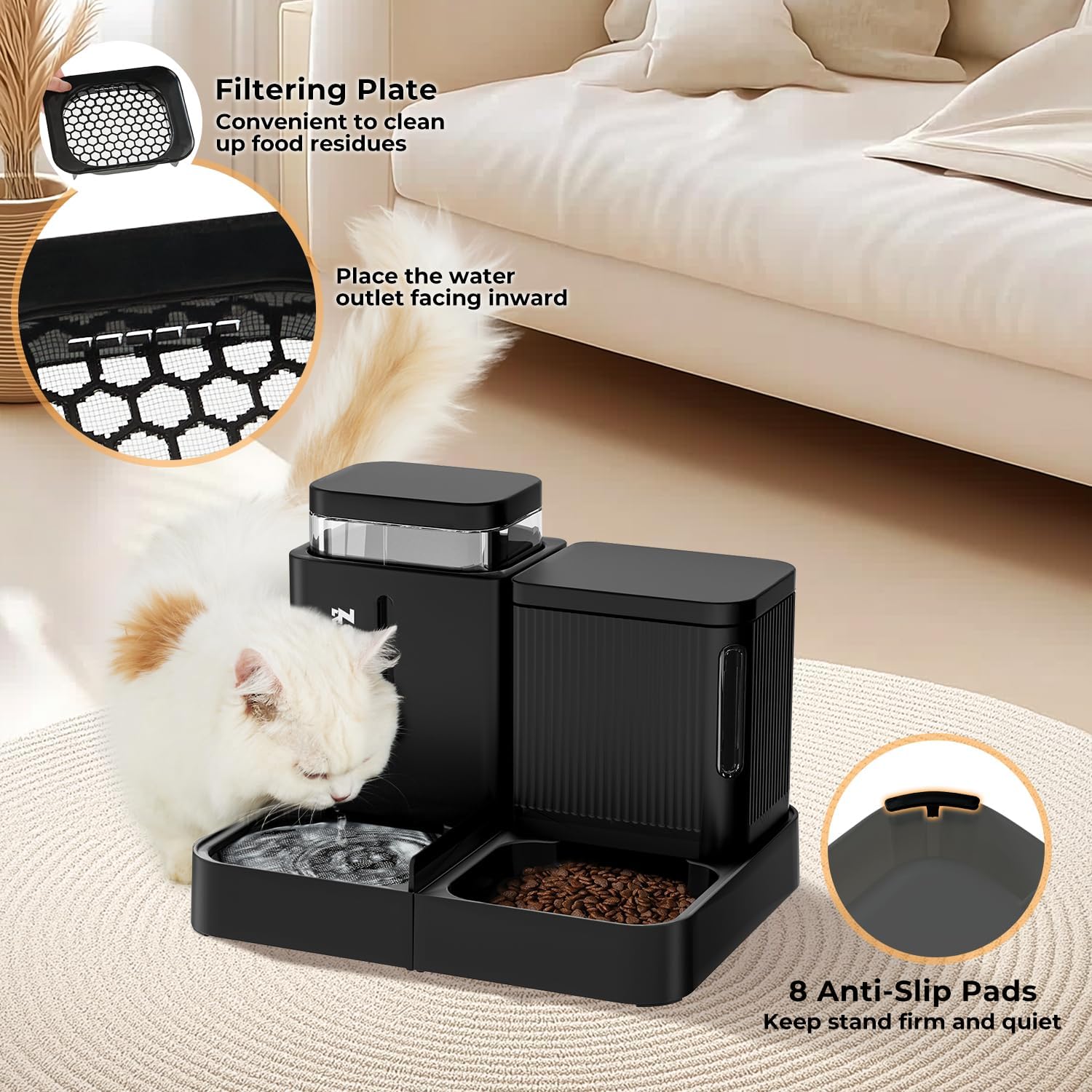ZOMISIA Automatic Cat Feeder and Water Dispenser Set, 2 in 1 Gravity Cat Food Dispenser with 180 Degree Rotatable, Pet Self Feeding Large Capacity for Small Dogs Puppy Kitten, Black, 0.8 Gallon x 2 - Image 4