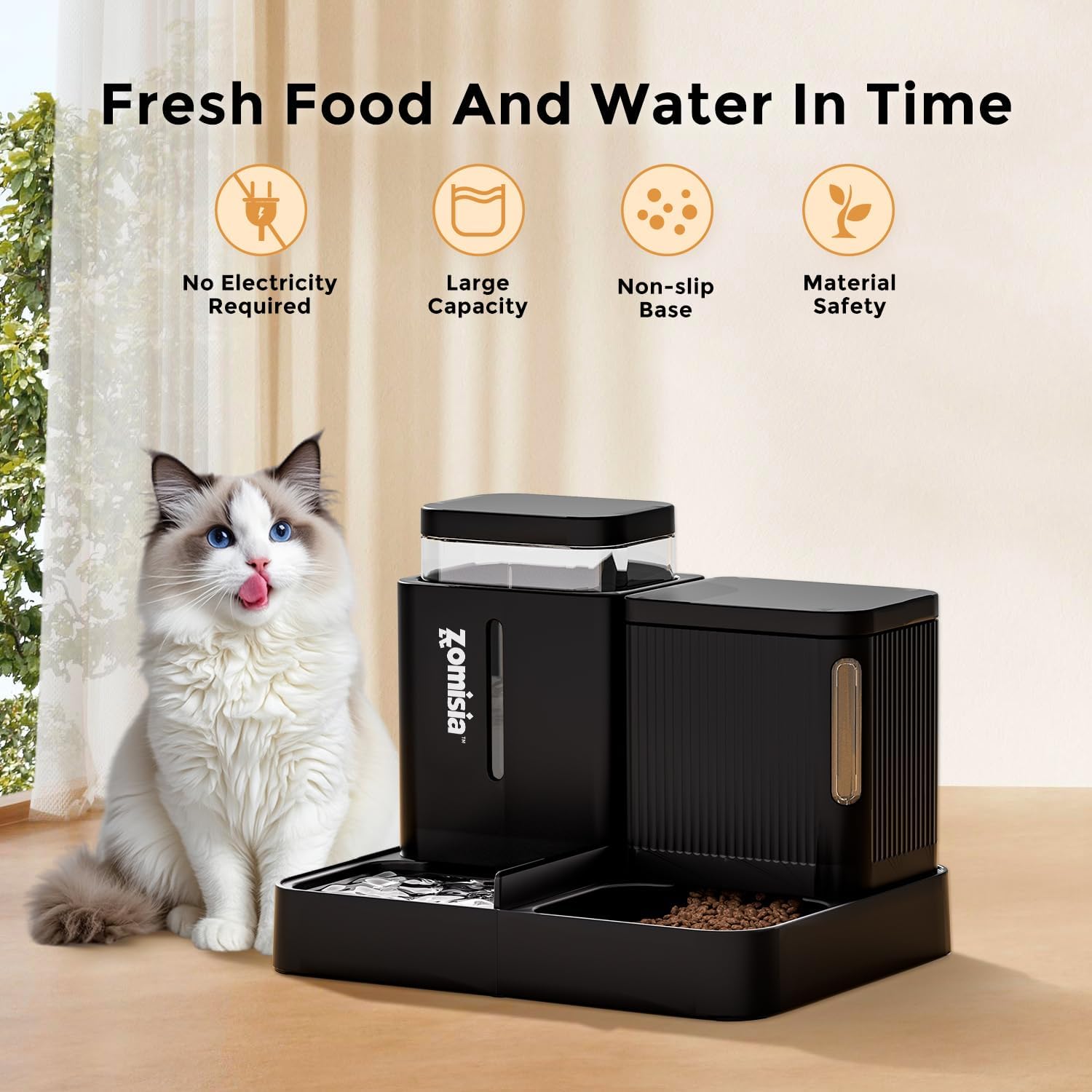 ZOMISIA Automatic Cat Feeder and Water Dispenser Set, 2 in 1 Gravity Cat Food Dispenser with 180 Degree Rotatable, Pet Self Feeding Large Capacity for Small Dogs Puppy Kitten, Black, 0.8 Gallon x 2 - Image 5