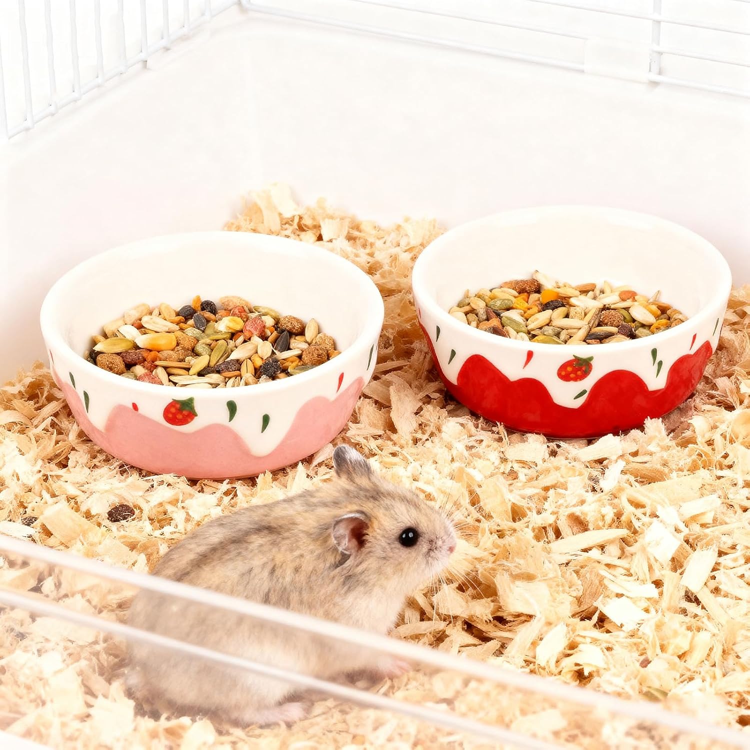Wontee Hamster Food Bowl 2 Pack Ceramic Food Water Bowl Anti-Tipping for Dwarf Hamsters Gerbil Mice Hedgehog Guinea Pig (Red+Pink) - Image 2