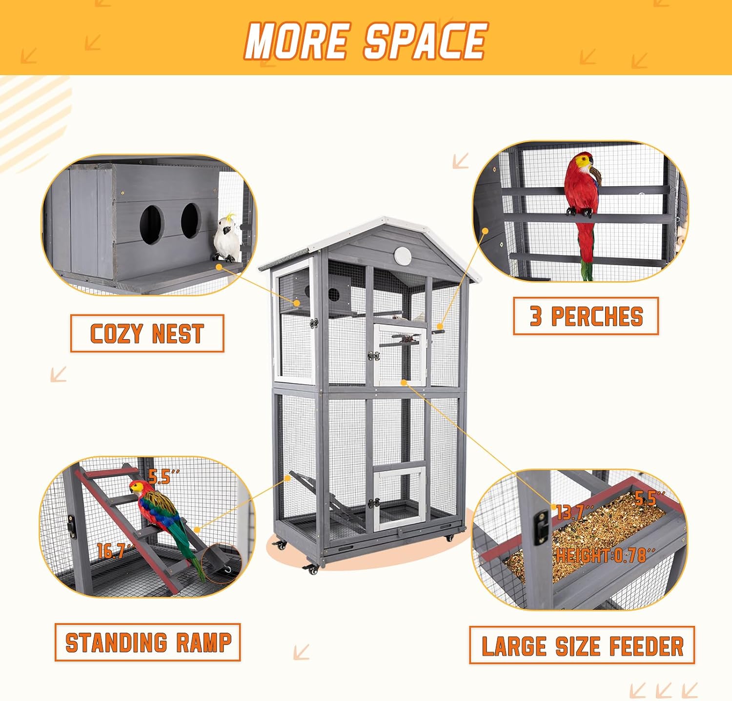 Ketive 65in Outdoor Bird Aviary with Wheels,Wooden Bird Cage Indoor Finches Cage Flight cage Wire Mesh,Easy Clean Tray Perches Nest Feeder - Image 4