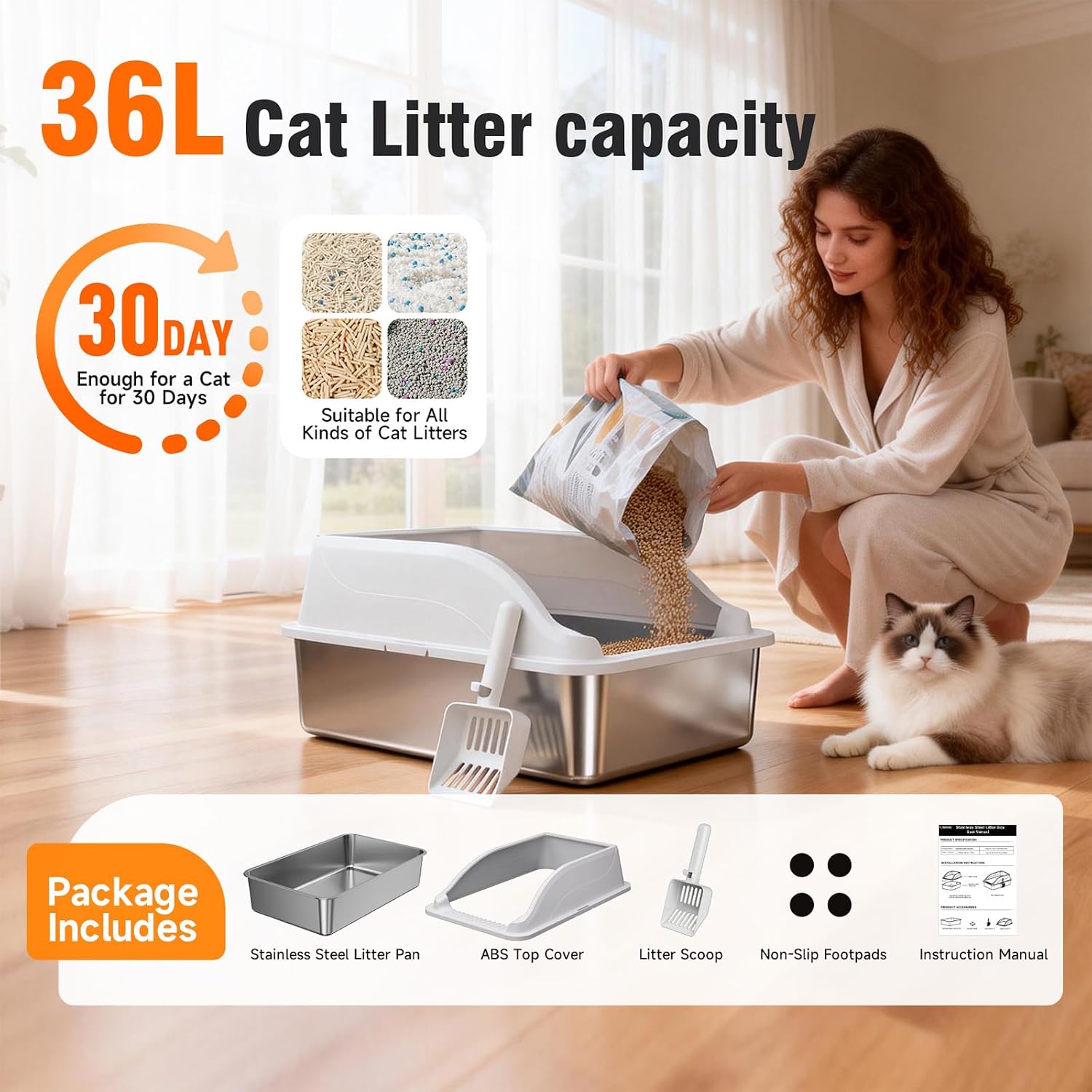 Stainless Steel Cat Litter Box, Extra Large XL Odor Free Metal Litter Box with High Sides Lid, Open Top Litter Pan Include Scoop Easy Cleaning Kitty Cat Box Anti-Urine Leakage, Non-Sticky - Image 7