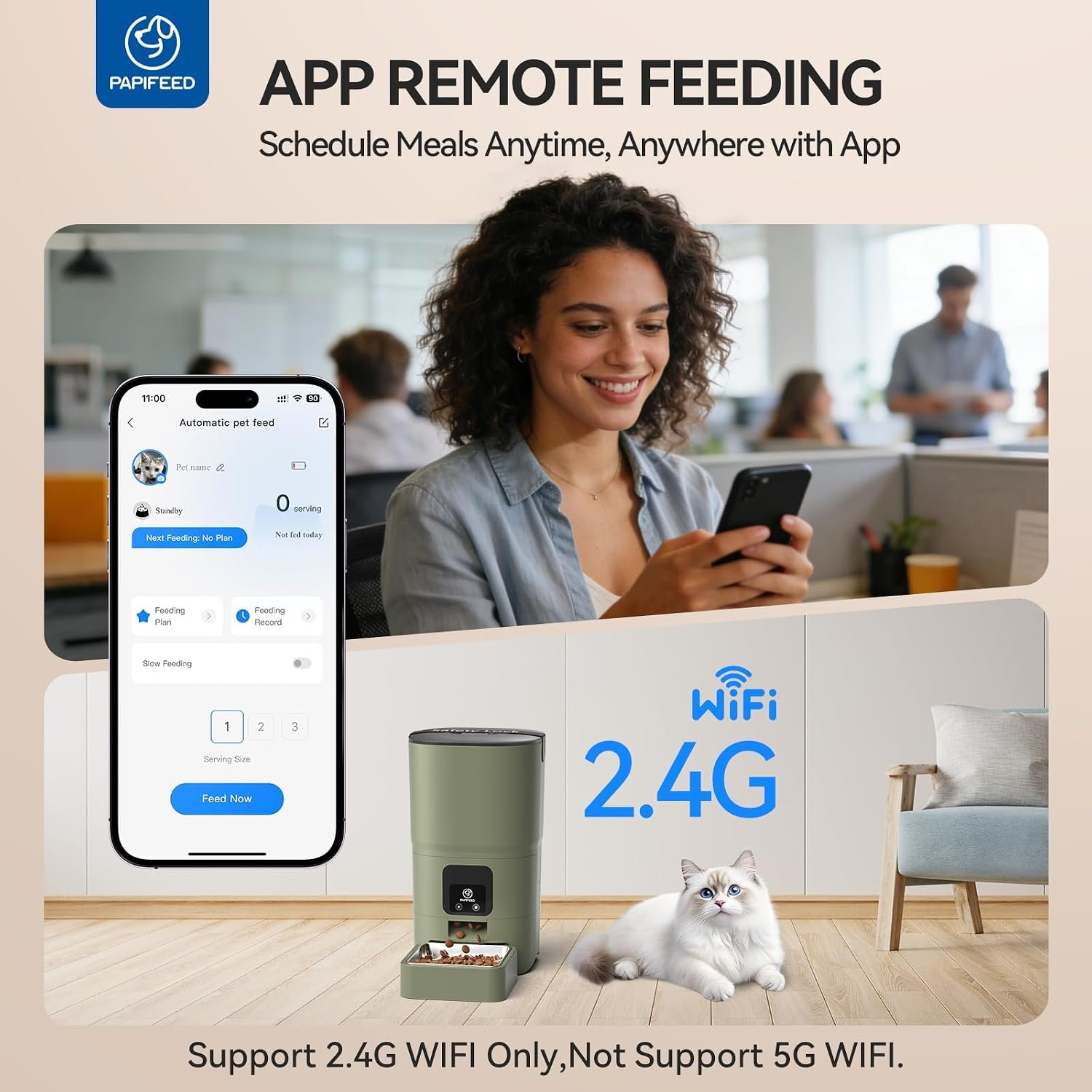 PAPIFEED Automatic Cat Feeder with App, 2.4G WiFi Cat Food Dispenser, 6L Timed Cat Feeders for Dry Food, 10 Meals/Day, 12 Portions/Meal, Dual Power Supply Smart Pet Feeder for Small Dog, Army Green - Image 2