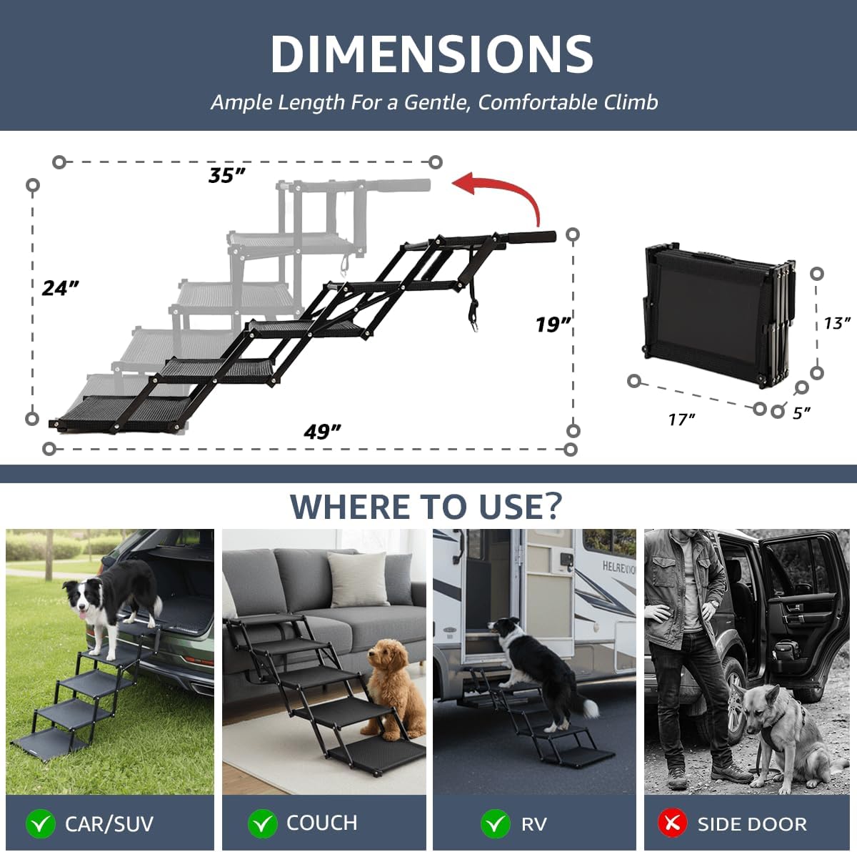 Oiilores Foldable Dog Stairs for Large Dogs - Extra Wide Pet Ramp for Cars, SUV, Non-Slip Surface, Supports Up to 250 Lbs, 5 Steps - Image 2