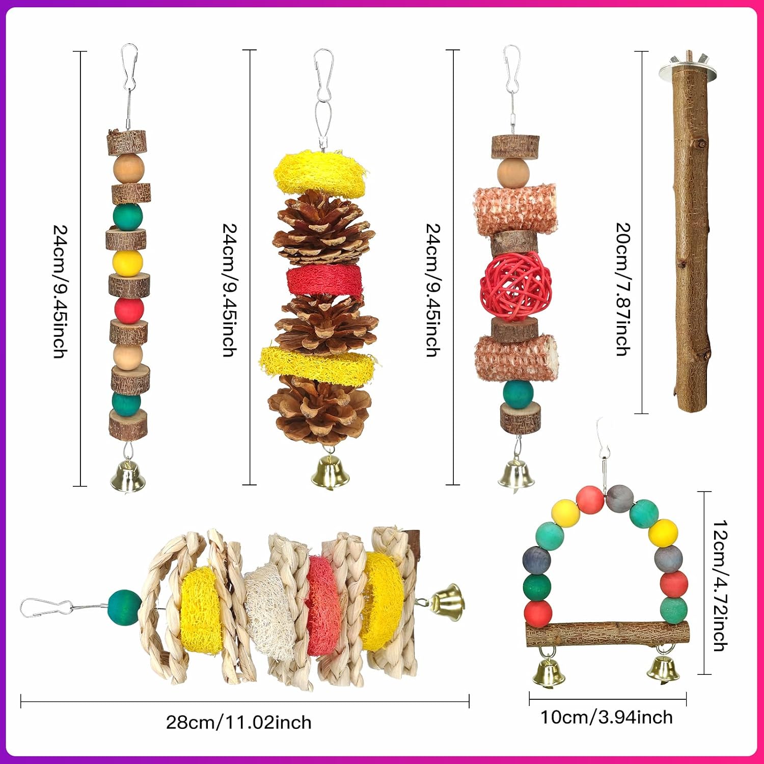 JOREWOOD 7 Pcs Natural Wood Bird Toy & Perch for Parakeets, Cockatiel & Lovebird, Budgie Play Accessory for Small Parrots Indoor Cage - Image 2