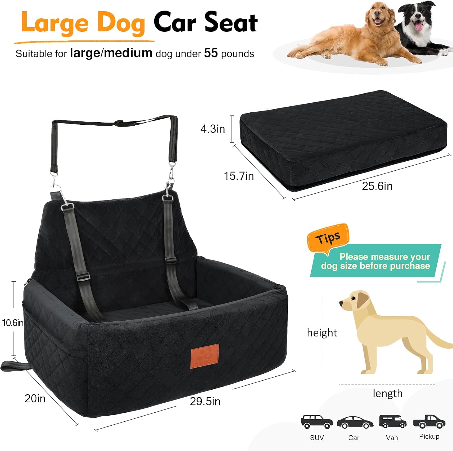 NEEZUKAR Dog Car Seat for Large Medium Dogs,Portable Washable Pet Car Seat Under 55 lbs,Dog Booster Seat with Thick Cushion,2 Safety Leashes Travel Car Dog Bed - Image 2