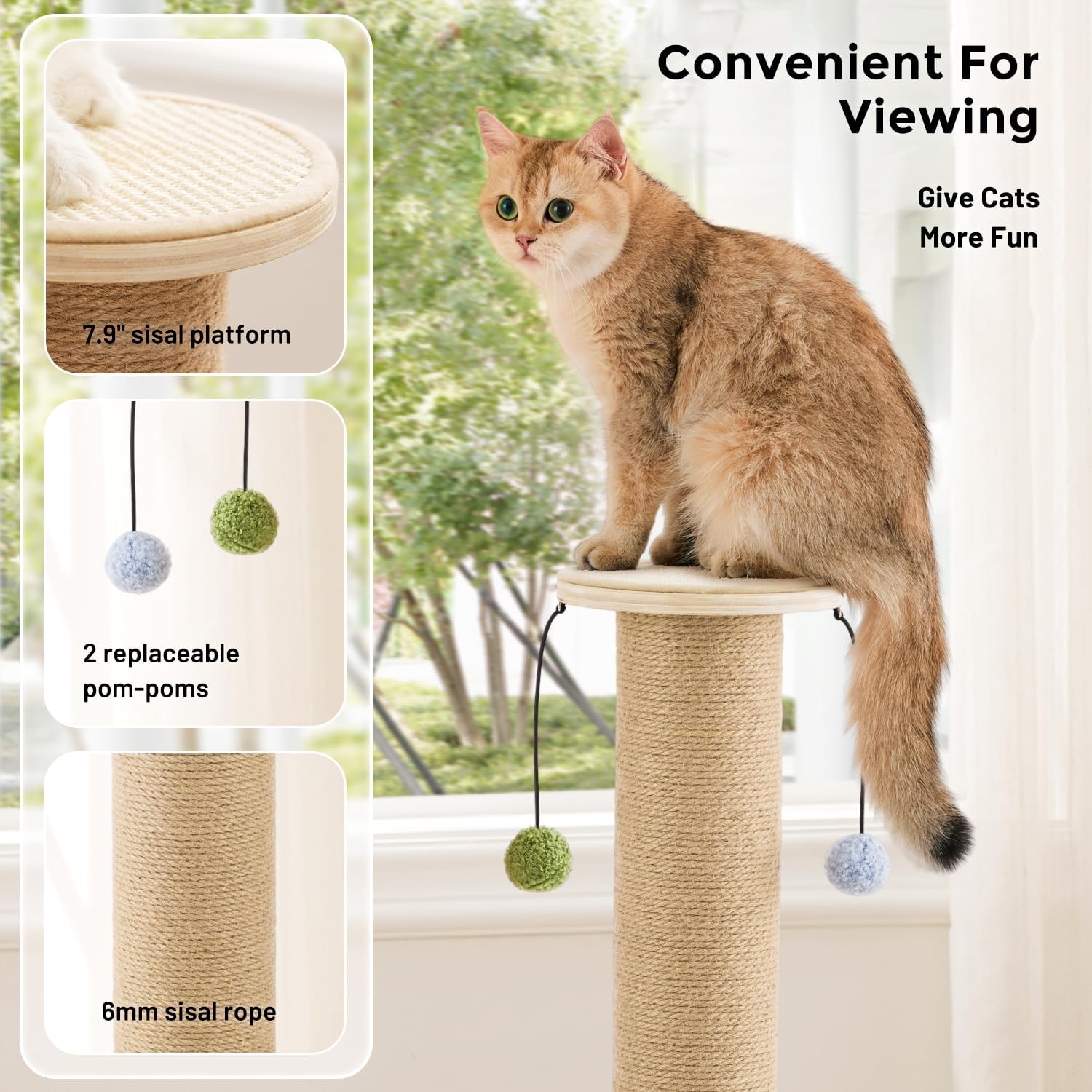 ZOMISIA 35'' Tall Cat Scratching Post for Indoor Cats Adults | 4.7'' Large Scratch Post, Thicken Wooden Base, Sisal Scratcher Top & Dangling Balls, Super Sturdy - Image 2