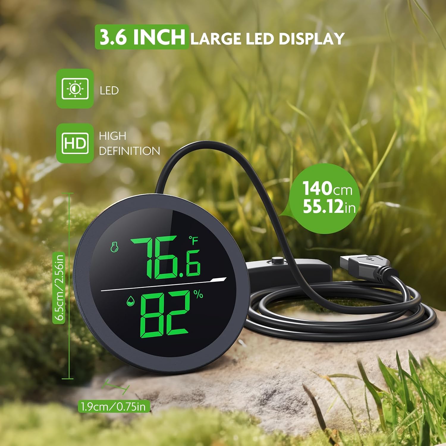 PAIZOO Real-time Display LED Digital Reptile Thermometer and Humidity Gauge | Always on Display, Button Control, Temperature Accuracy ±1 ℉ Thermometer for Reptile Tank with 55.2" Cable USB Power Supply - Image 5
