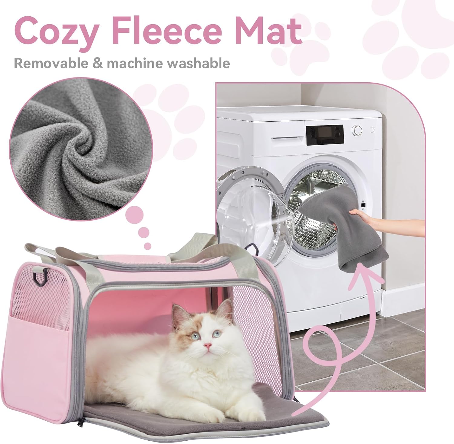 Petsfit Cat Carrier, 17.5×10.5×10.5 in, Pink | Escape-Proof Design with Locking Zippers & Safety Leash, Easy-Access 3-Way Entry, Washable Mat up to 12 lb - Image 6