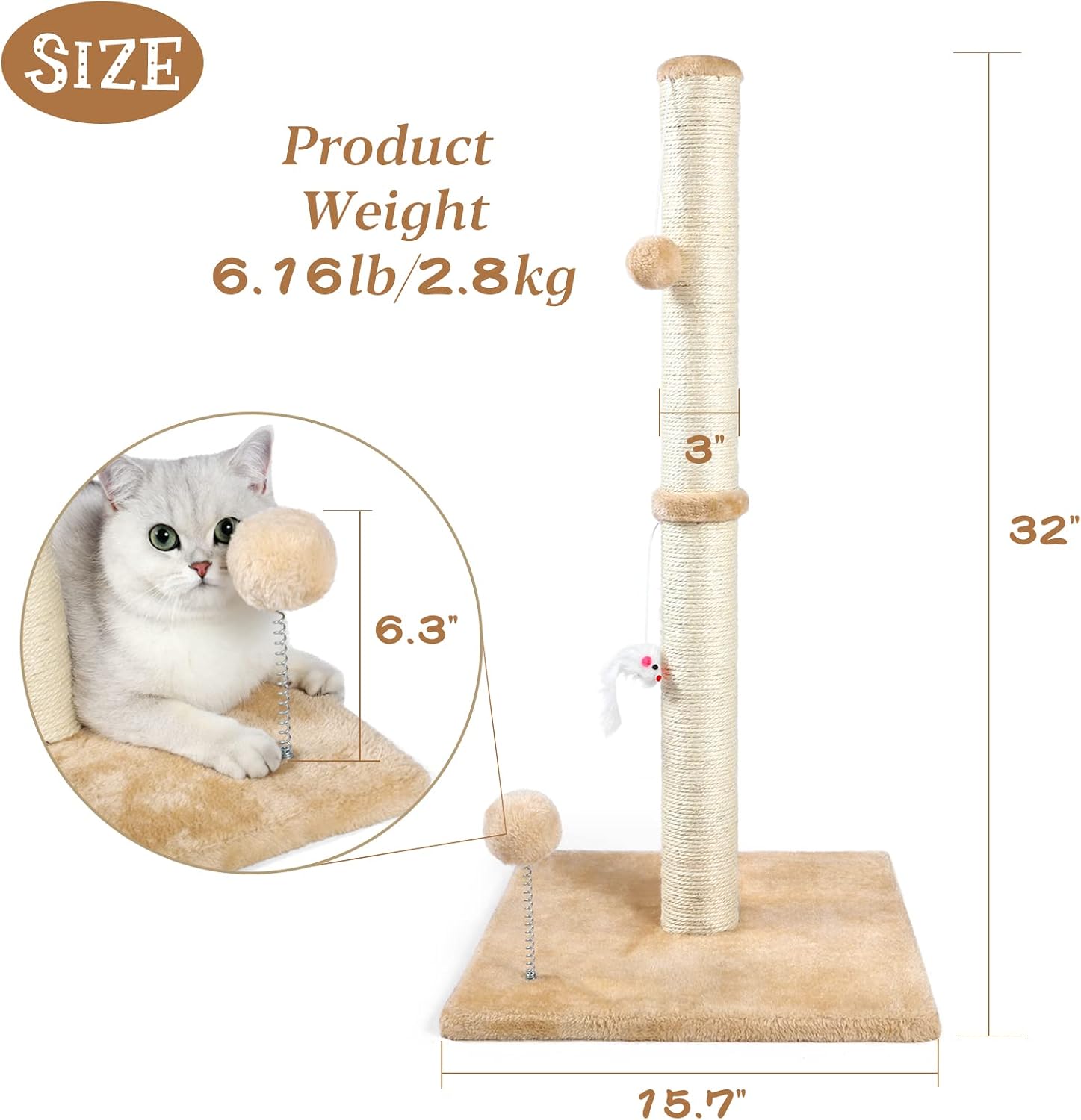 ANWA 32" Tall Cat Scratching Posts for Indoor Cats, 3-in-1 Vertical Cat Scratching Post with Plush Toys, Premium Sisal Post for Cats at All Ages with Reinforced Stable Base, Beige - Image 2