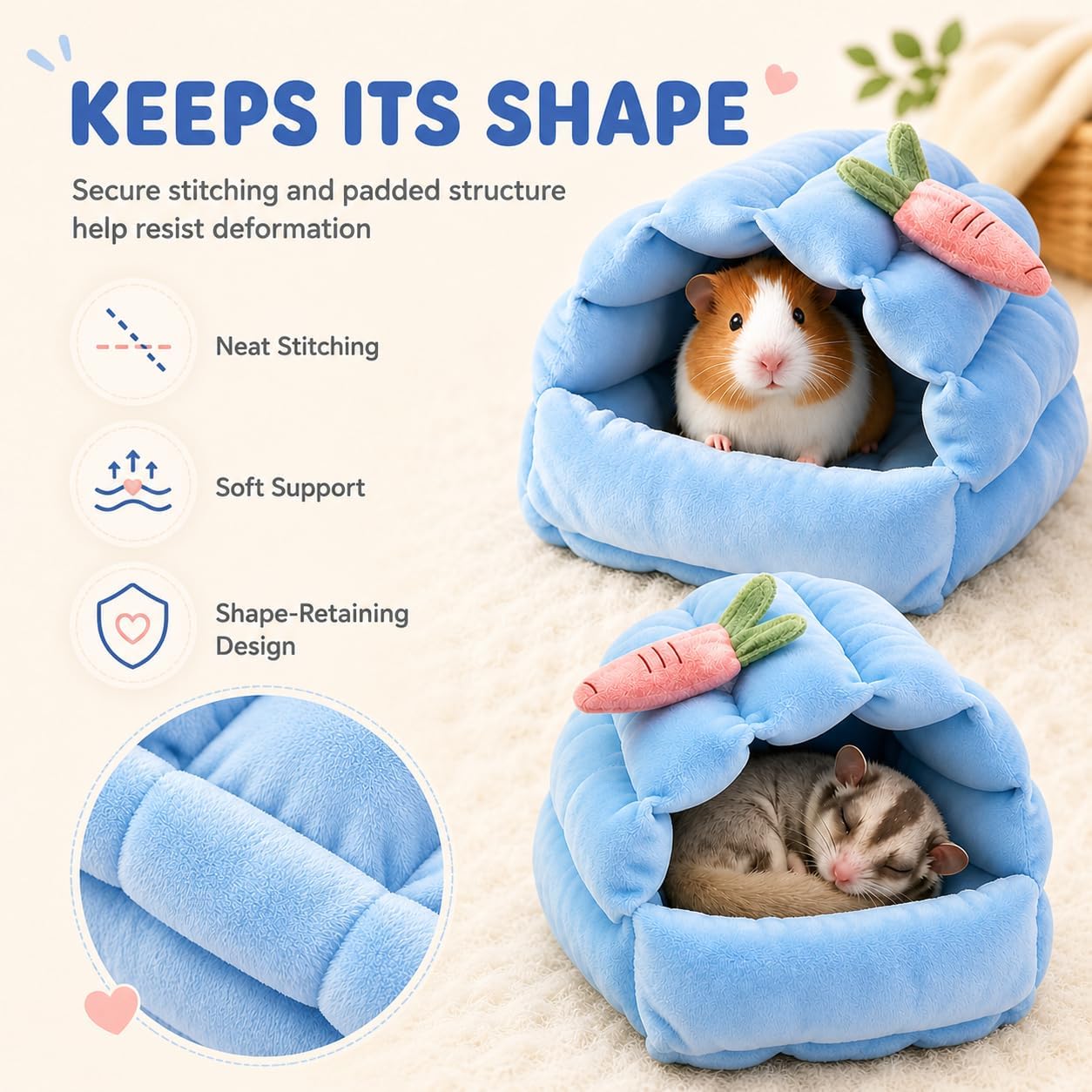 Meow&Woof 2 Pack Small Animal Beds - Cozy Hamster Hideout, Washable Guinea Pig & Hedgehog House, Blue Hideaway for Sugar Glider, Chinchilla, and Rats. - Image 6