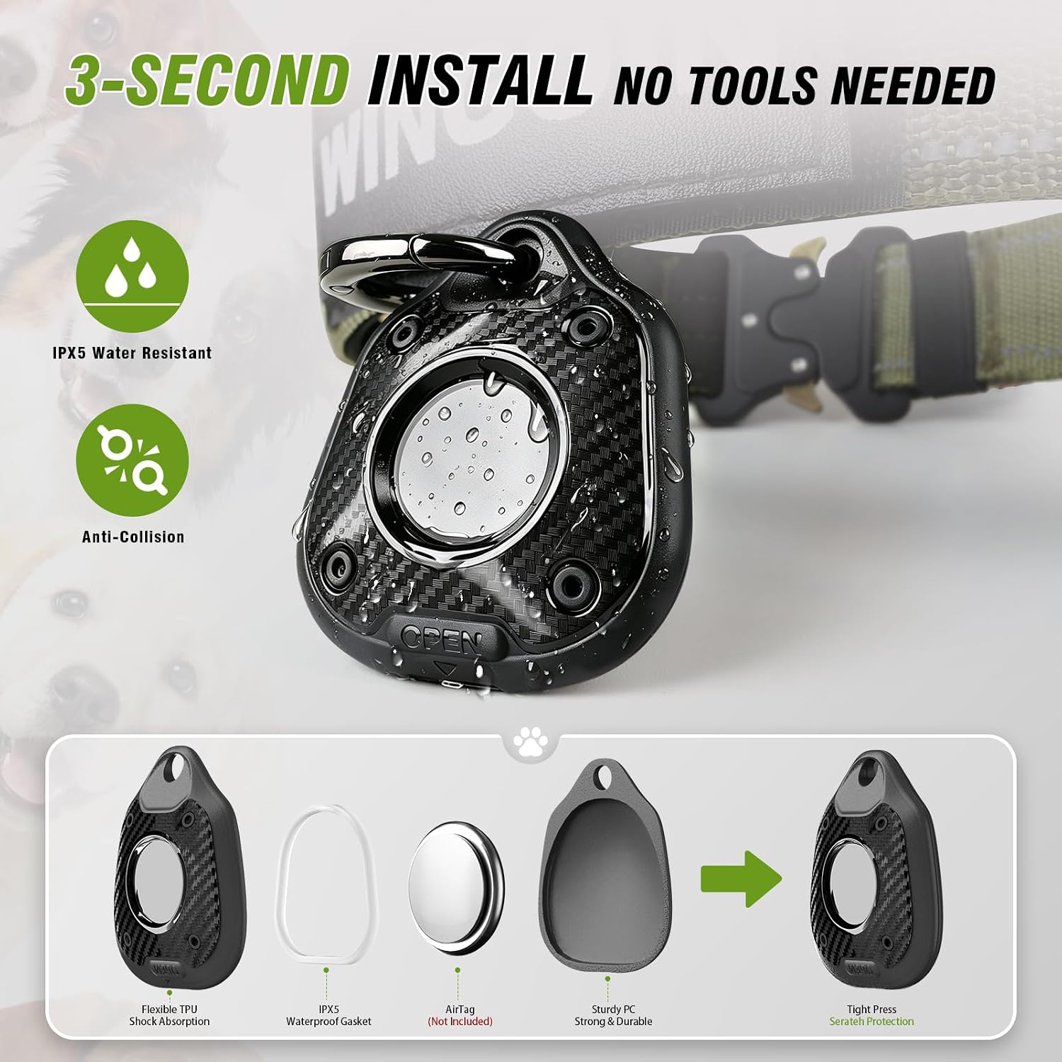WINGOIN Tactical Dog Collars for Medium and Large Dogs, Reflective Collar | Heavy Duty Collar Matching Leash & Harness | Quick Release | AirTag Holder | Padded Nylon | Green | Training Hunting Walking - Image 2