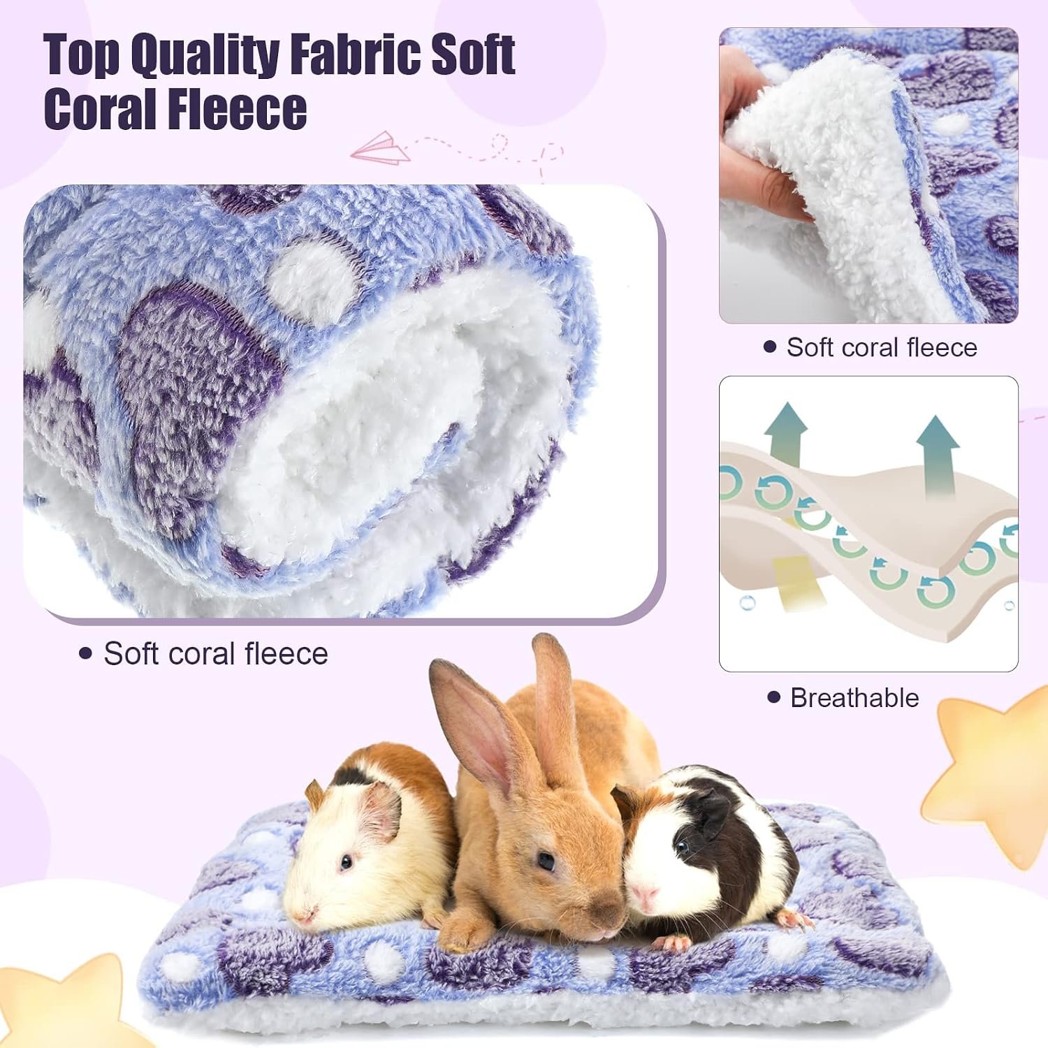 Jetec 3 Pcs Bunny Guinea Pig Beds Soft Bunny Mats Warm Guinea Pig Mat Small Animal Bed Pads Fleece Sleeping Pads for Indoor Rabbit Hamster Squirrel Hedgehog Chinchilla(Fleece,Heart,Purple) - Image 3