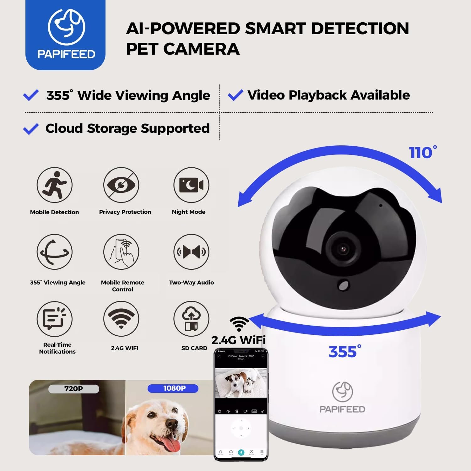 PAPIFEED 2-in-1 Automatic Cat Feeder and Pet Camera Combo, 1080P HD & 360°Pan-Tilt, 3L Cat Food Dispenser with App, 2.4G WiFi Timed Cat Feeder for Dry Food, Automatic Cat Feeder with Camera - Image 6