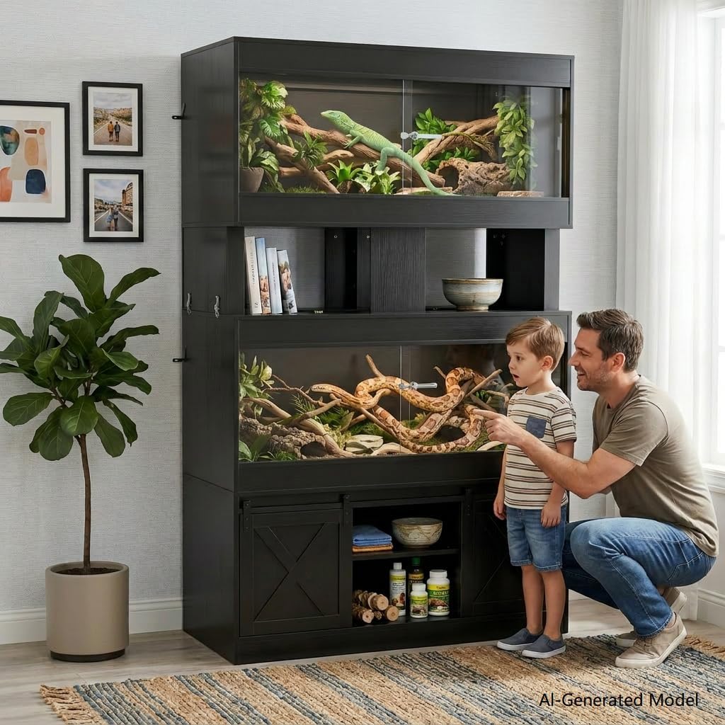 Cushore Double 4x2x2 Reptile Enclosure with Stand, Albizia Solid Wood-Core 120 Gallon Reptile Terrarium, Bearded Dragon Tank Stand with Sliding Door and 2 Cabinets for Lizard, Crested Gecko, Black - Image 7