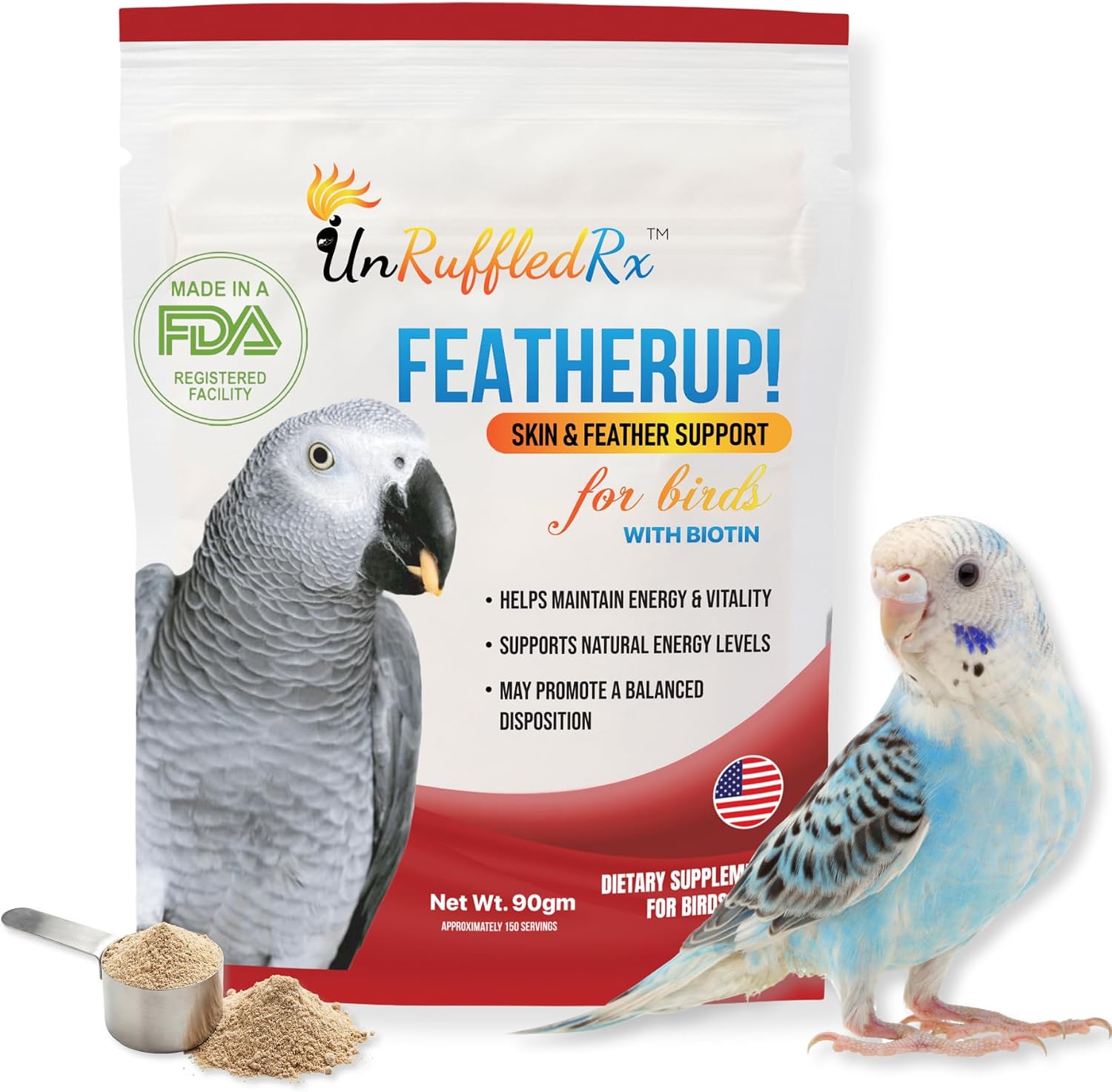UnRuffledRx FeatherUp! Bird Molting Support & Feather Growth Supplement - for Plucking, Regrowth & Molt - Multivitamin & Amino Acids for All Birds - 90g (240 Servings)