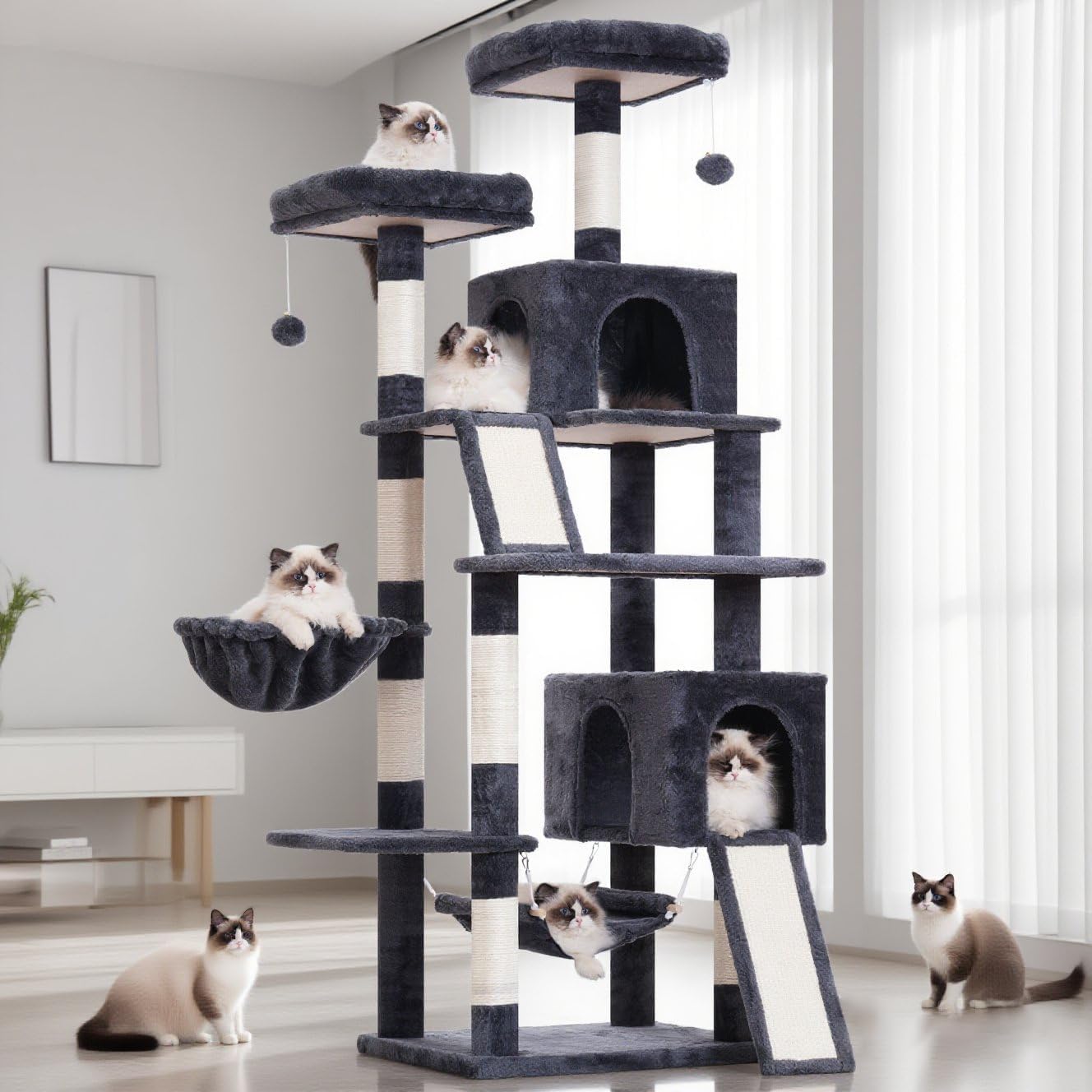 Gitelsnour Cat Tree for Indoor Cats, 71'' (180cm) Multi-Level Cat Tower for Large Adult, Sturdy Cat Tree House with 2 Scratching Boards 7 Posts, 2 Plush Perches/Condos, Hammock, Smoky Gray GCT032G - Image 8