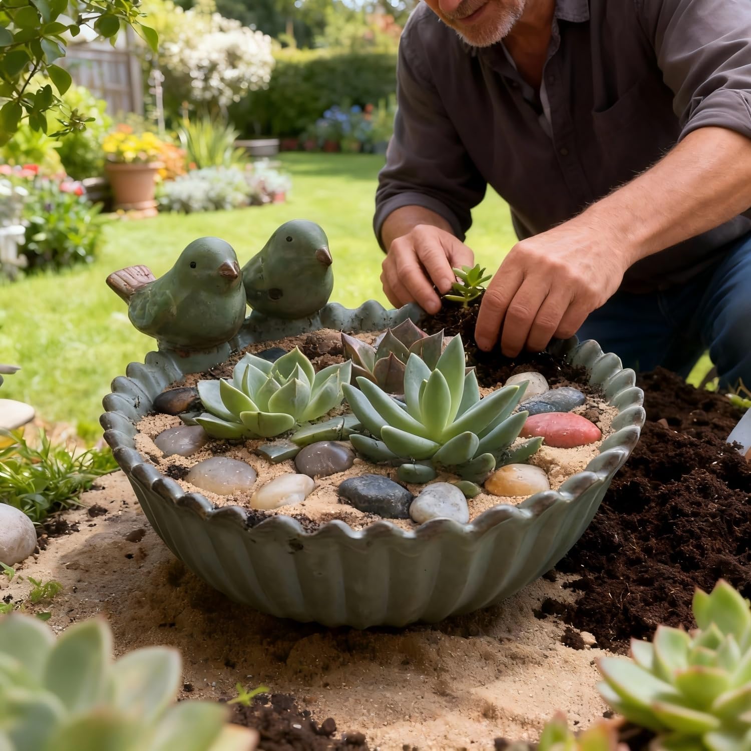  Birds Garden Design Birds Feeder Ceramic 6.3 Inch Diameter Flowerpot or Feeder for Outdoor, Bird Food Holder for Garden Outside Decor Succulent planters (Mint Green) - Image 4