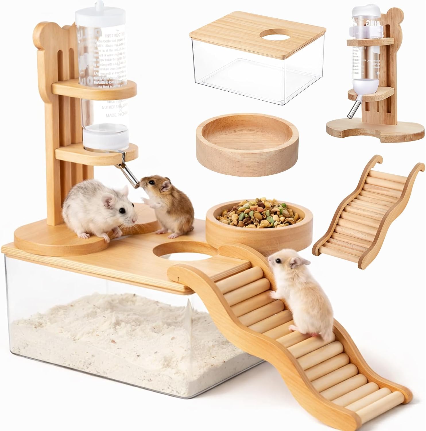 4 Pcs Hamster Cage Accessories Acrylic Sand Bath Box Feeding Bowl Water Bottle Set Hamster Climbing Toy Wooden Ladder Bridge Set for Rat Mice Small Animals Habitat(Rectangle)