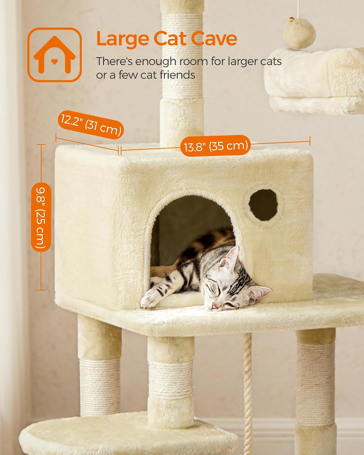 Feandrea Cat Tree, 55.8-Inch Cat Tower, Multi-Level Plush Condo with 11 Scratching Posts, 2 Perches, Hammock, Cave, Beige UPCT15BE - Image 6